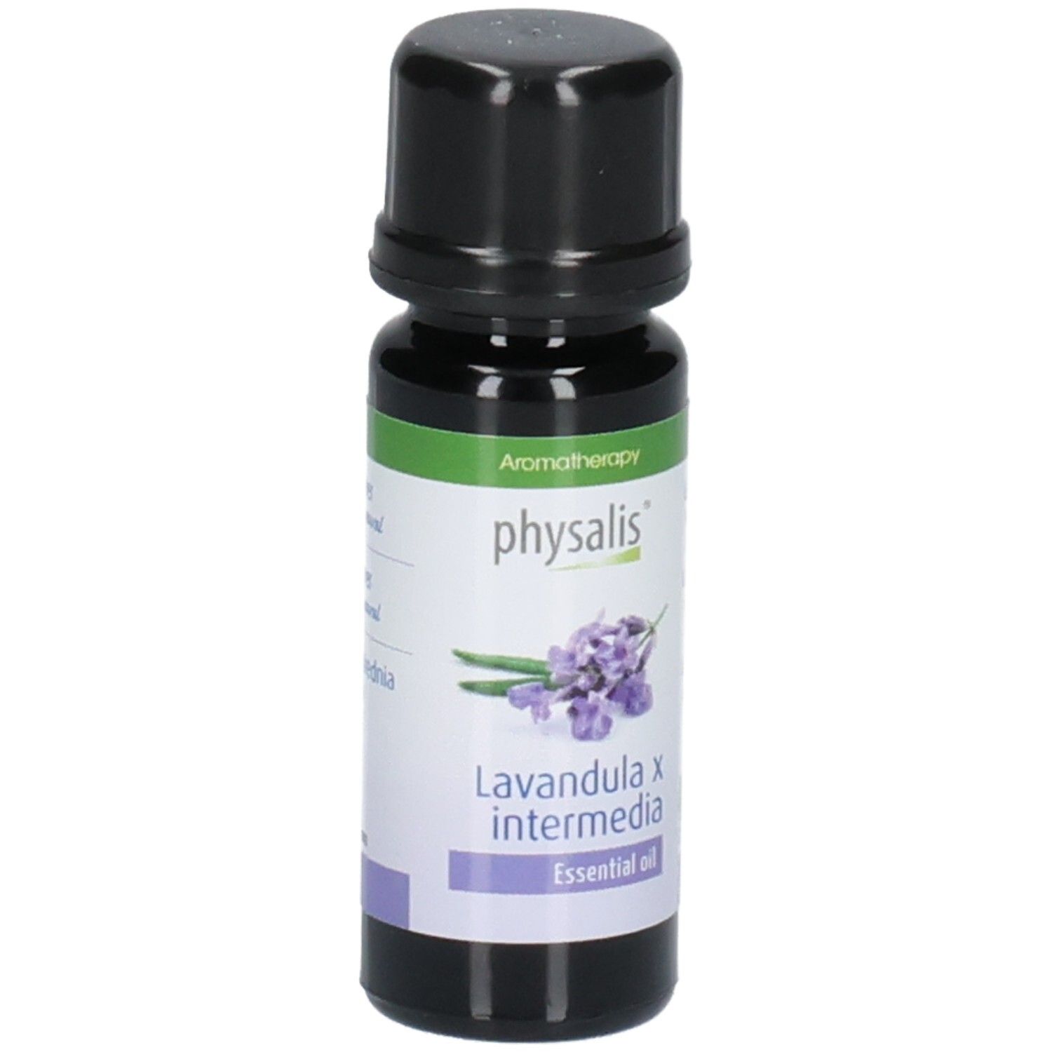 Braune Glasflasche mit schwarzem Deckel. Etikett mit Text: physalis, Lavandula x intermedia, Essential oil. Lavendel-Illustration.