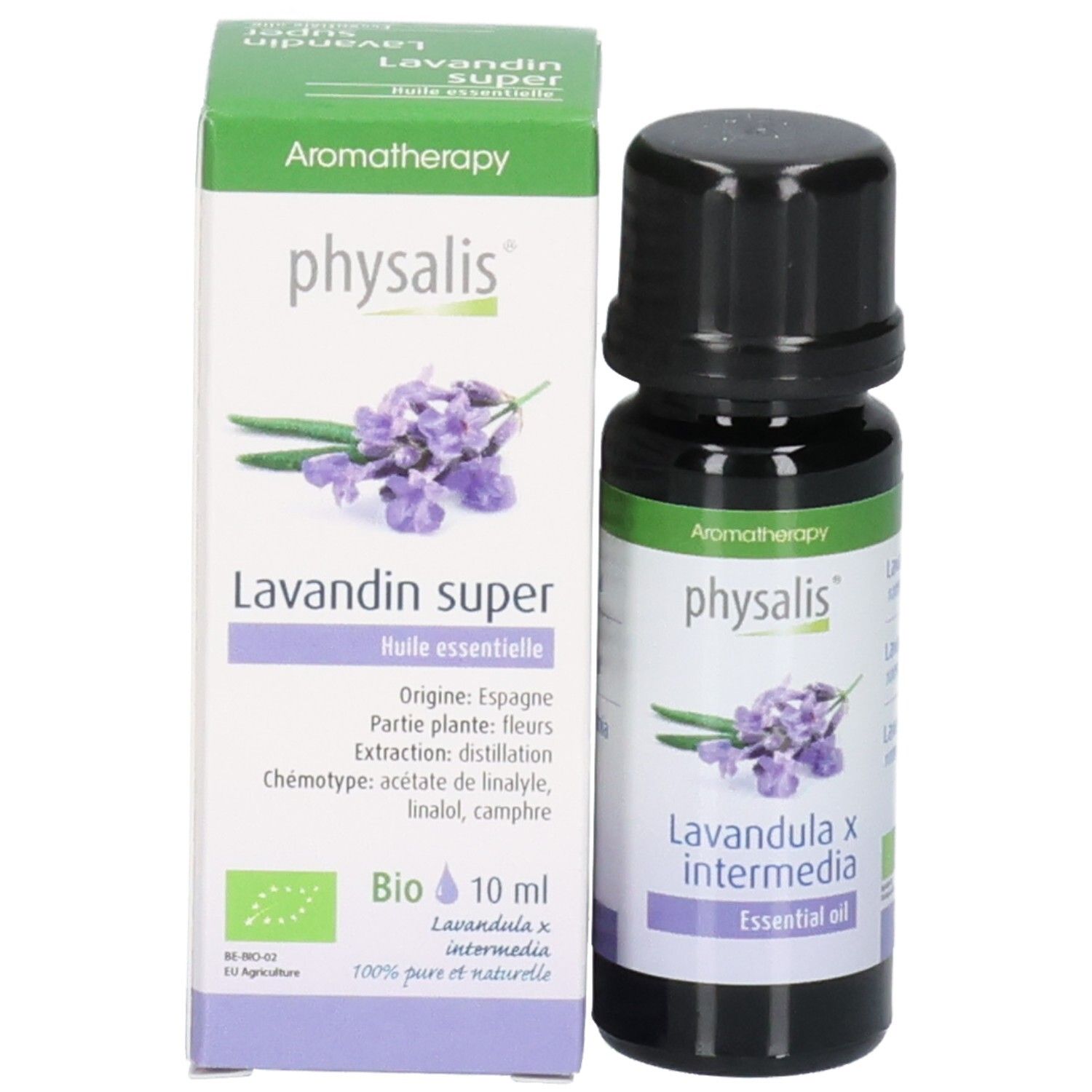 Braune Glasflasche und Karton. Karton mit Text: Lavandin super, 10 ml, Bio. Lavendel-Illustration. Flasche daneben.