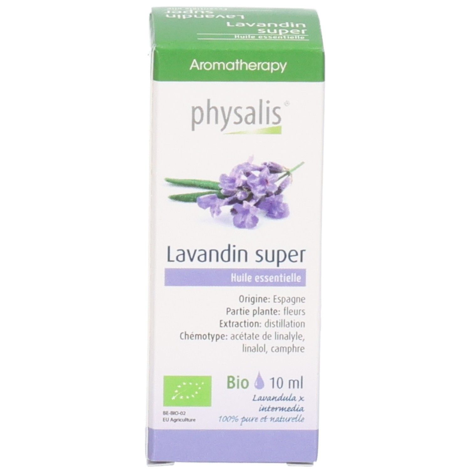 Karton mit Text: Lavandin super, 10 ml, Bio. Lavendel-Illustration. Flasche nicht sichtbar.