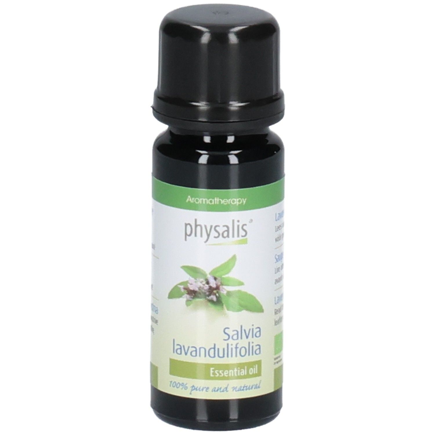 Braune Glasflasche mit schwarzem Deckel. Etikett mit Produktnamen, Pflanzenabbildung und Text. Aromatherapie-Produkt.