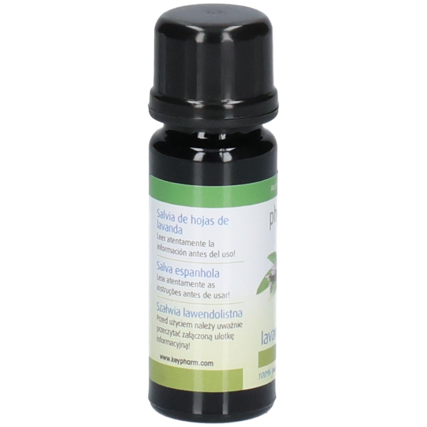 Braune Glasflasche mit schwarzem Deckel. Etikett mit Text in verschiedenen Sprachen. Aromatherapie-Produkt.