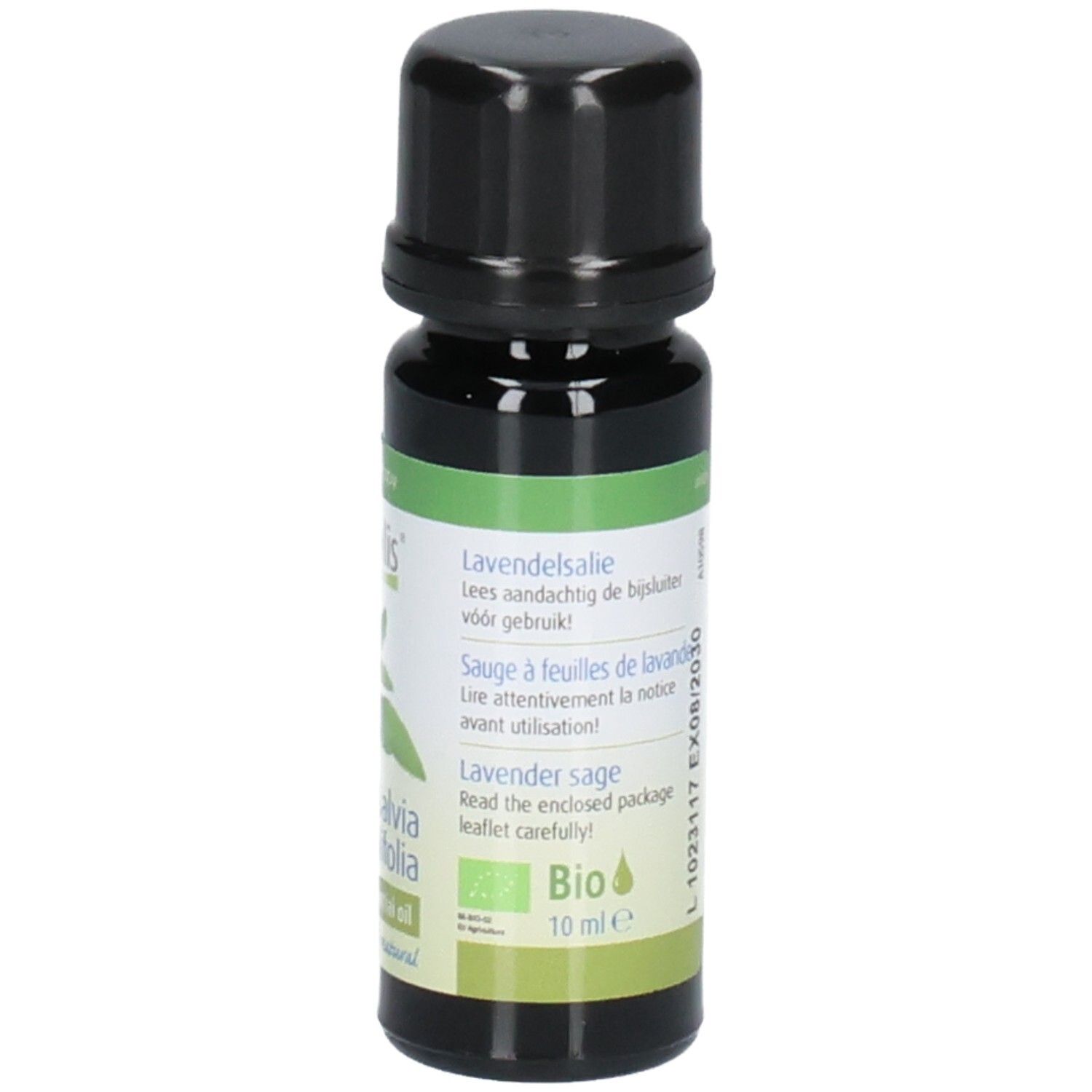 Braune Glasflasche mit schwarzem Deckel. Etikett mit Produktnamen, Text und Bio-Siegel. Aromatherapie-Produkt.