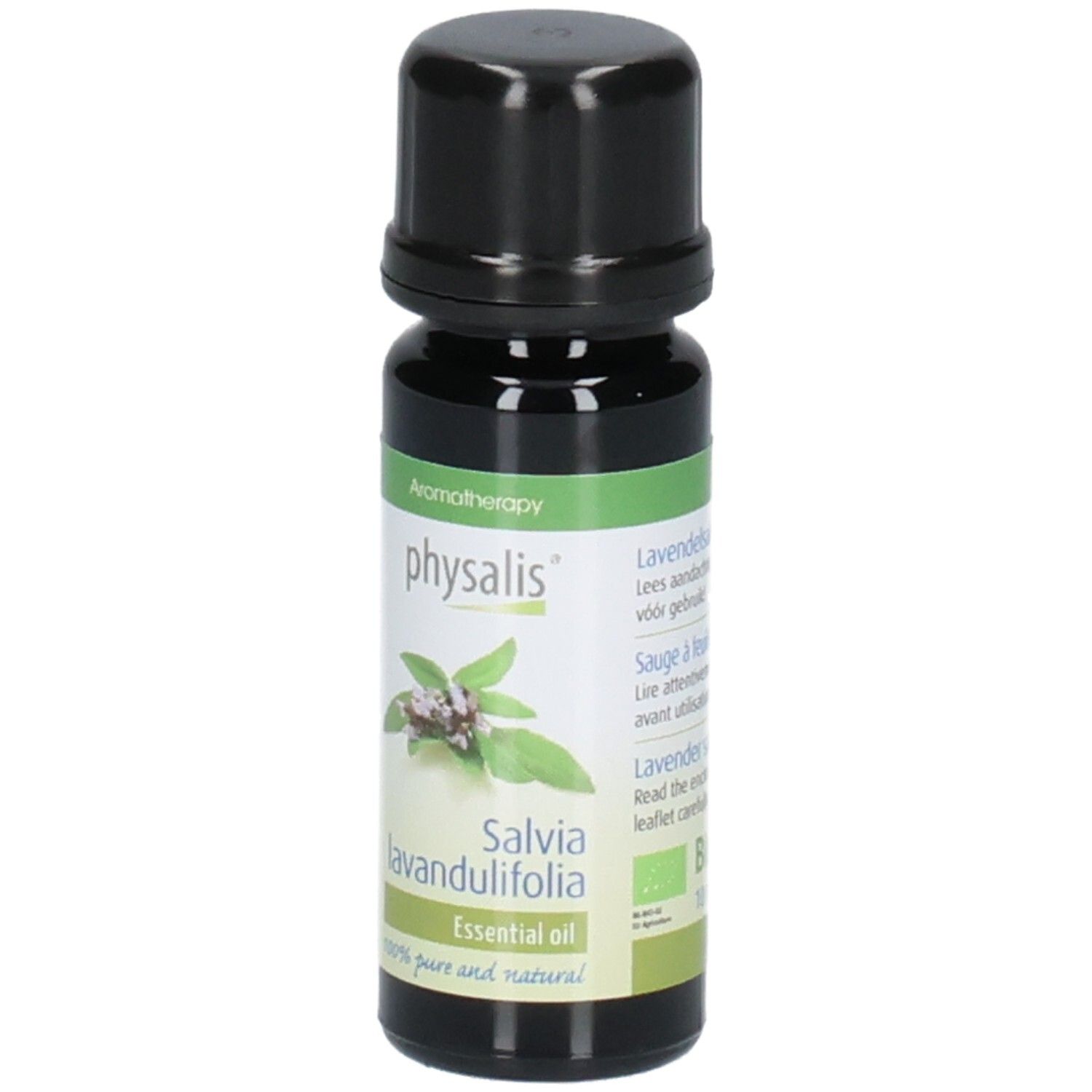 Braune Glasflasche mit schwarzem Deckel. Etikett mit Produktnamen, Pflanzenabbildung und Text. Aromatherapie-Produkt.