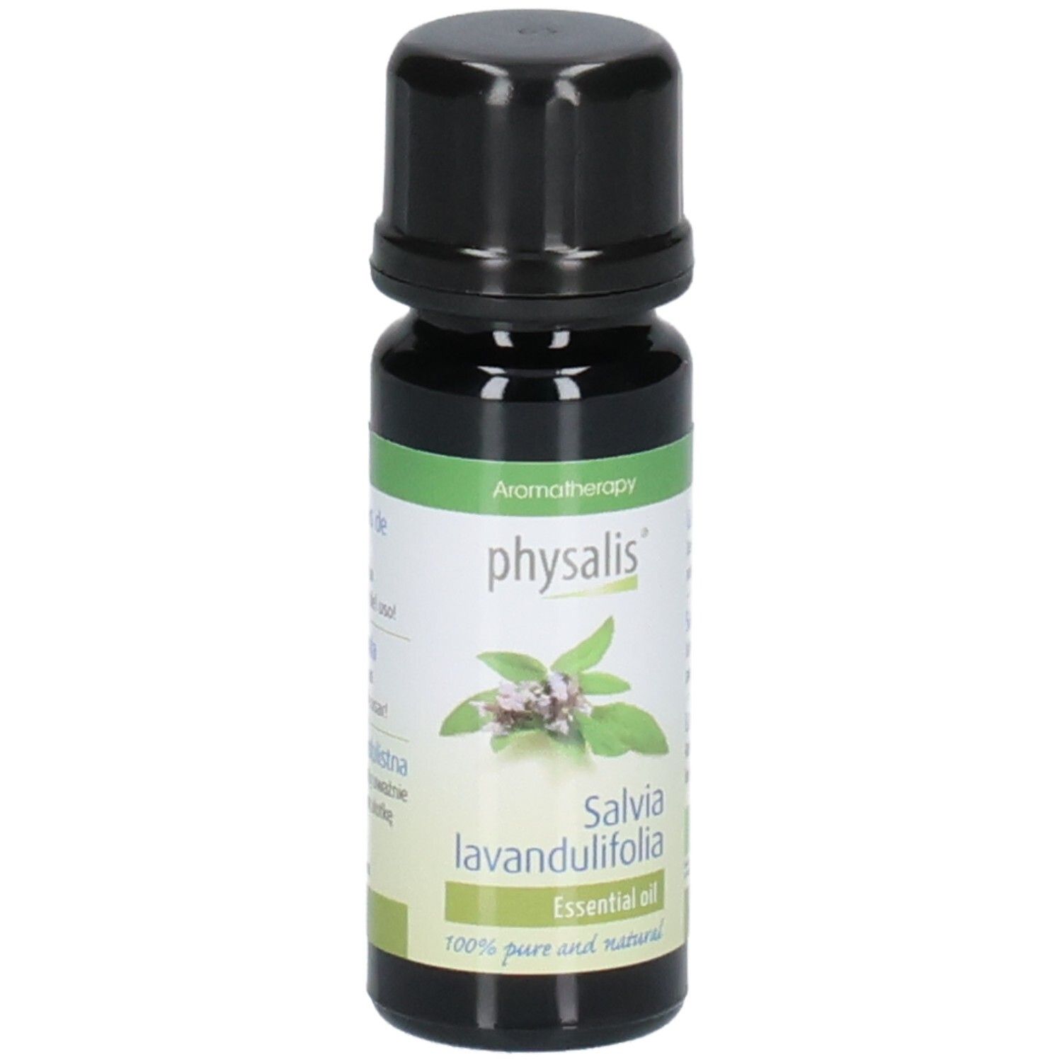 Braune Glasflasche mit schwarzem Deckel. Etikett mit Produktnamen, Pflanzenabbildung und Text. Aromatherapie-Produkt.