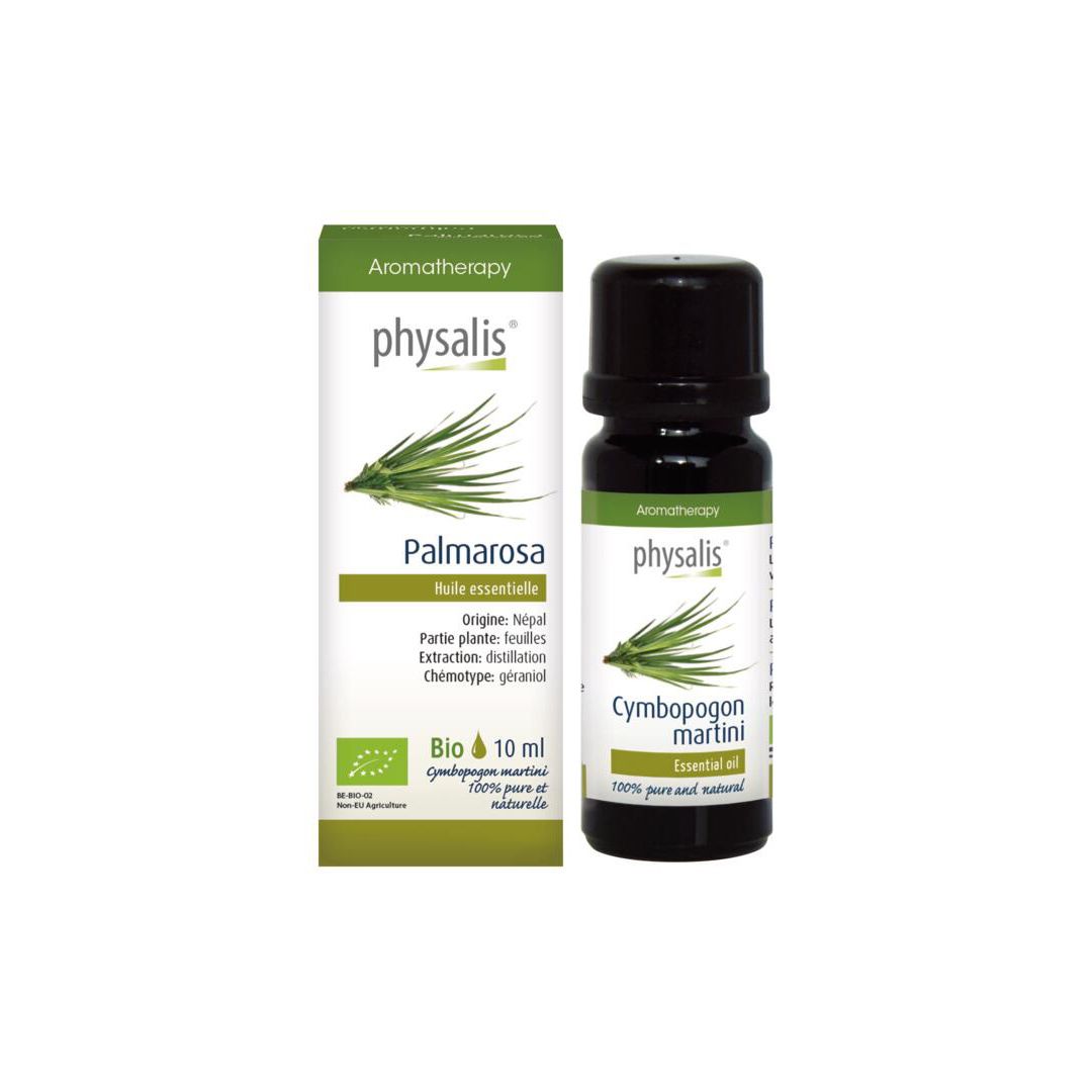 Emballage du produit avec flacon. Emballage avec "Palmarosa", "Bio" et "10 ml".