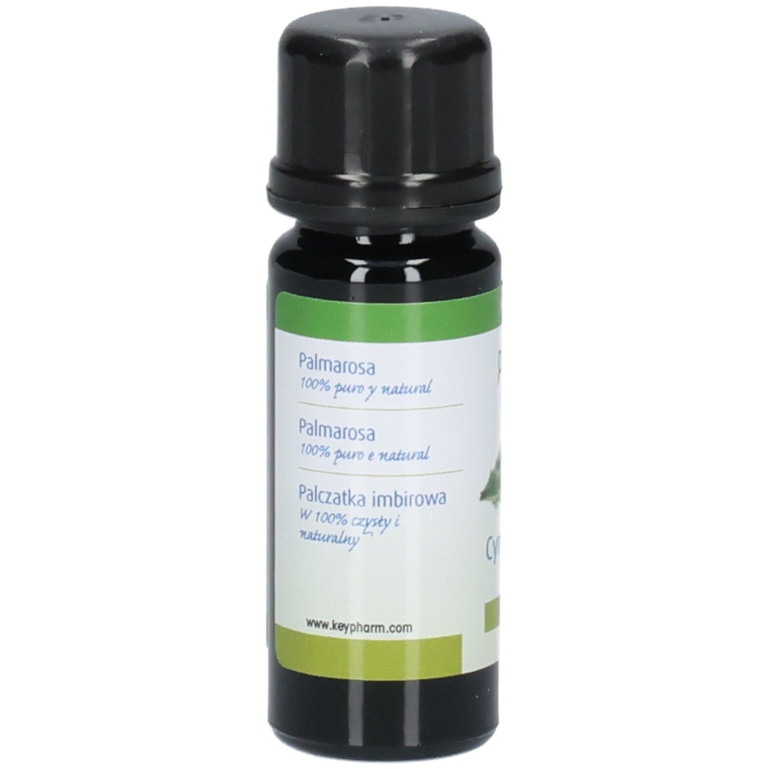 Braune Glasflasche mit schwarzem Deckel. Etikett mit "Palmarosa 100% puro e natural".