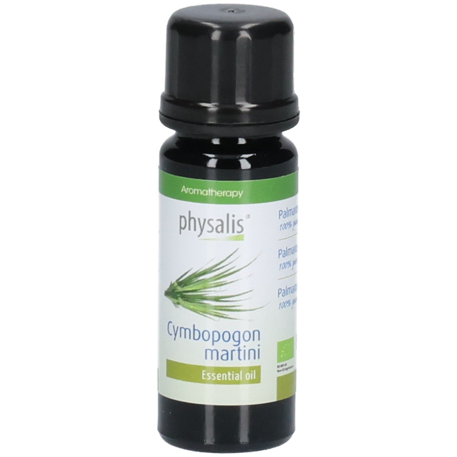 Braune Glasflasche mit schwarzem Deckel. Etikett mit "physalis", "Cymbopogon martini" und "Essential oil".