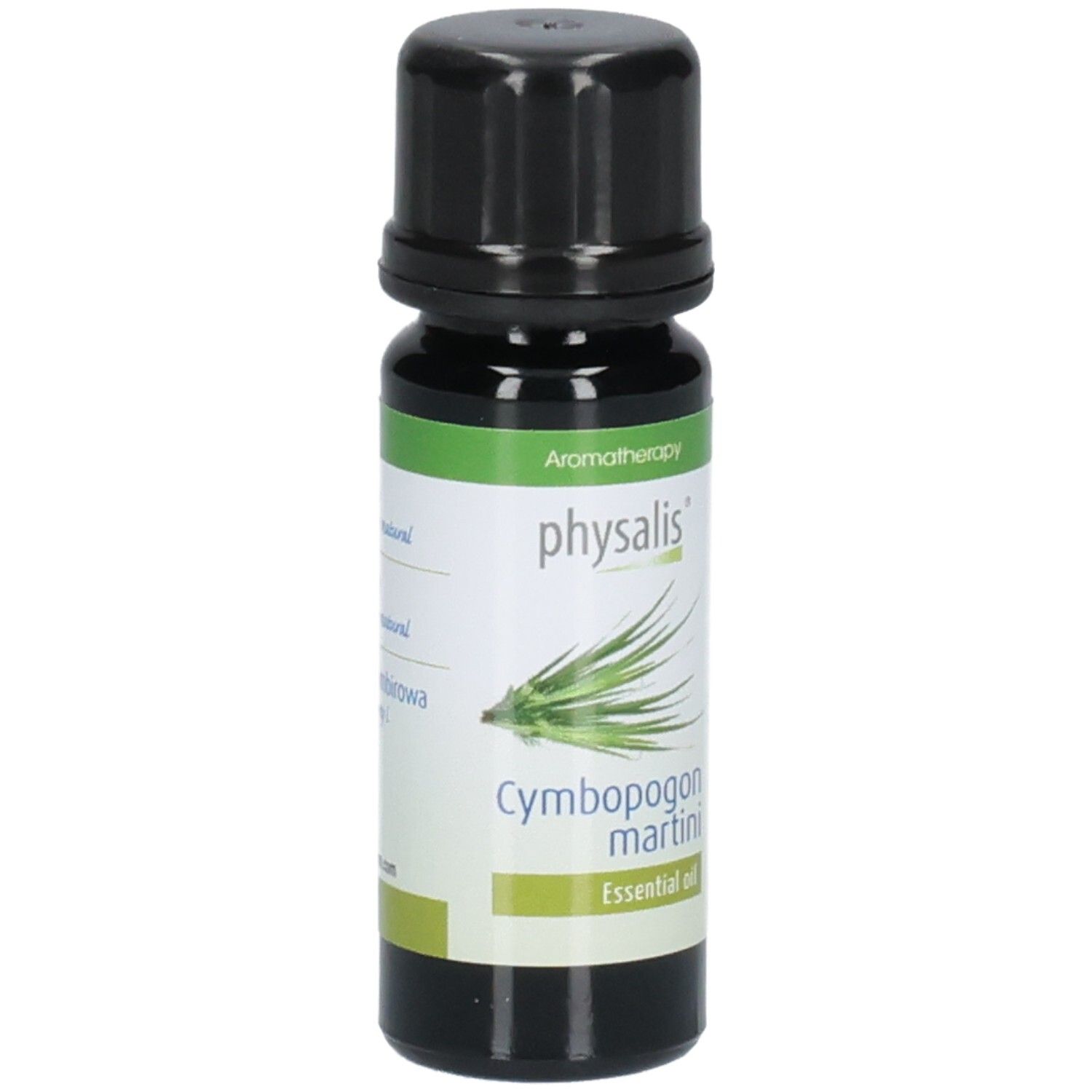 Braune Glasflasche mit schwarzem Deckel. Etikett mit "physalis", "Cymbopogon martini" und "Essential oil".