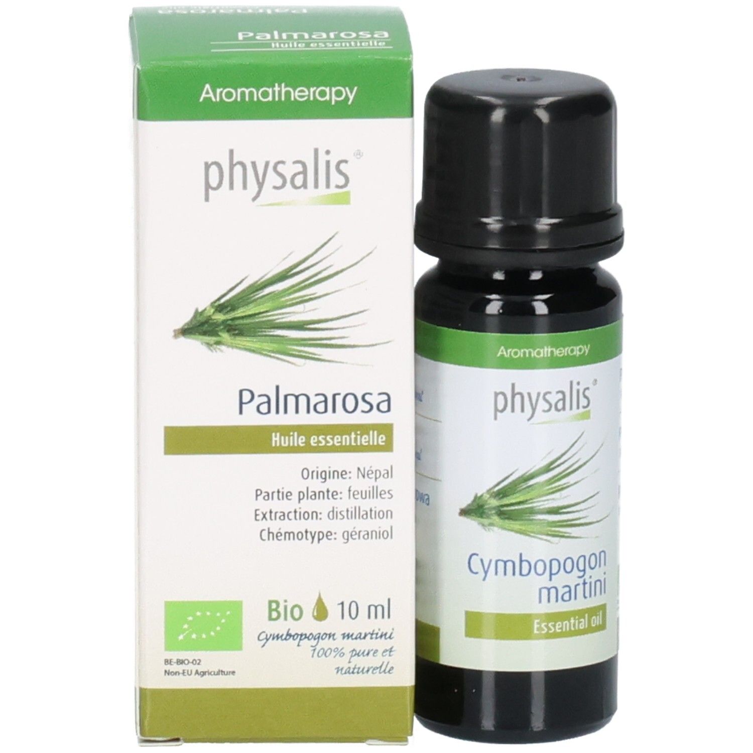 Produktverpackung mit Flasche. Verpackung mit "Palmarosa", "Bio" und "10 ml". Flasche mit "physalis".