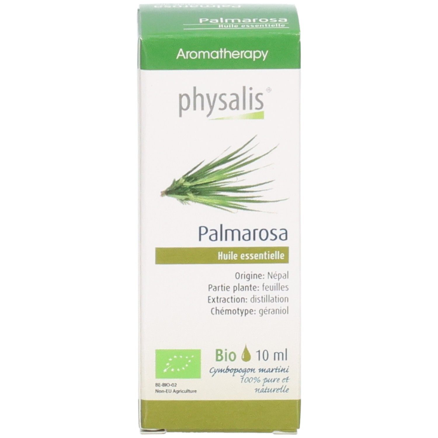 Produktverpackung mit Flasche. Verpackung mit "Palmarosa", "Bio" und "10 ml".