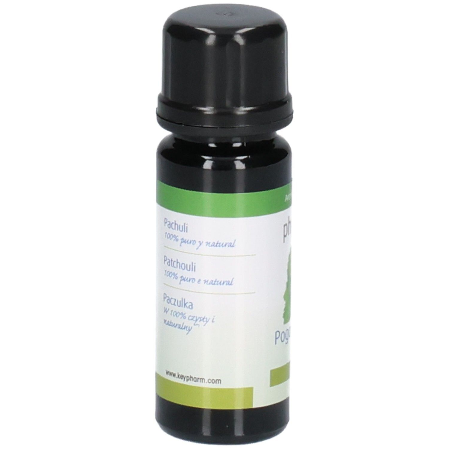 Braune Glasflasche mit schwarzem Deckel. Etikett mit Text: Patchouli, 100% pure y natural, und weiteren Informationen.