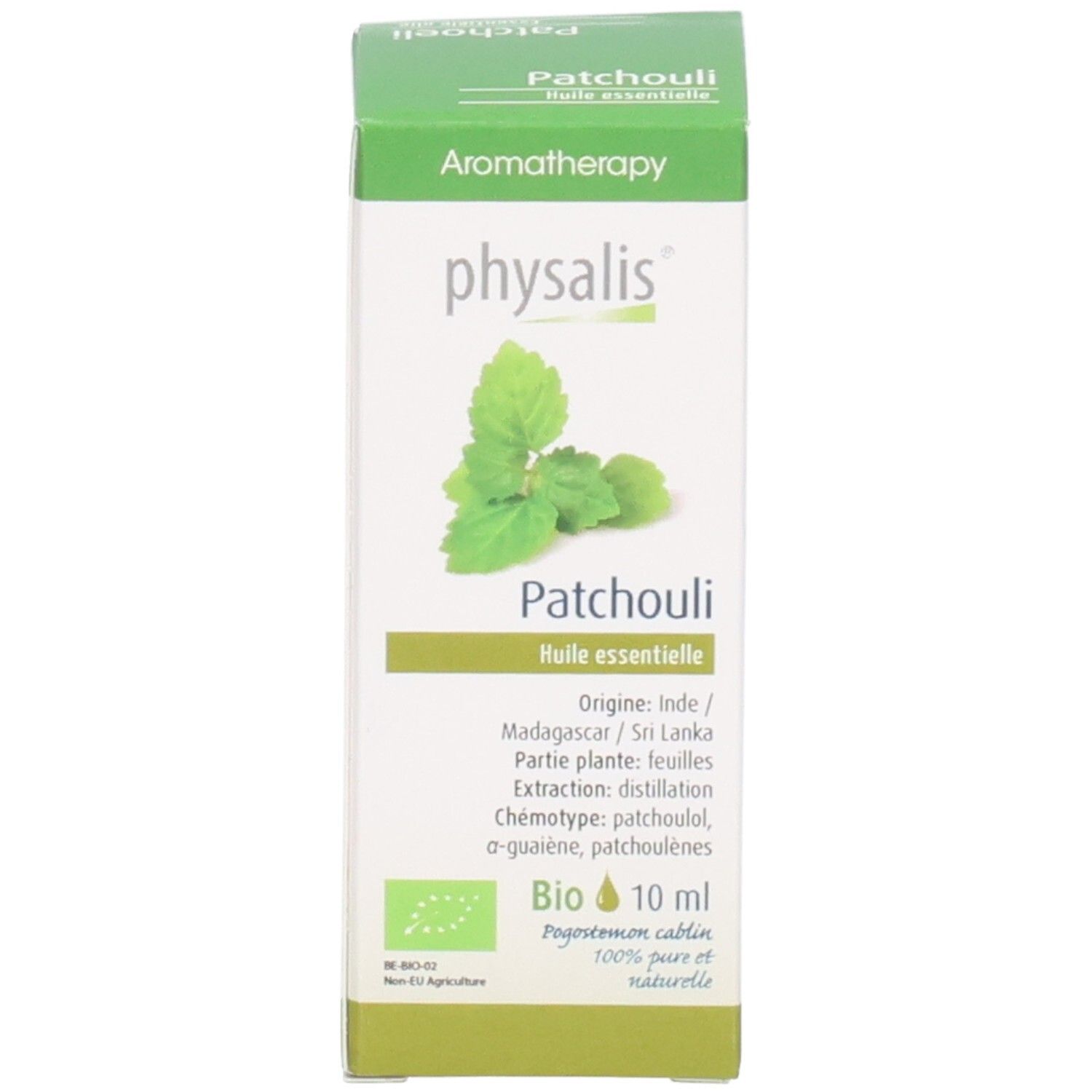 Grüne Produktverpackung mit Text und Logo. Aufschrift: Patchouli, Huile essentielle, Bio. Mit Bio-Siegel.