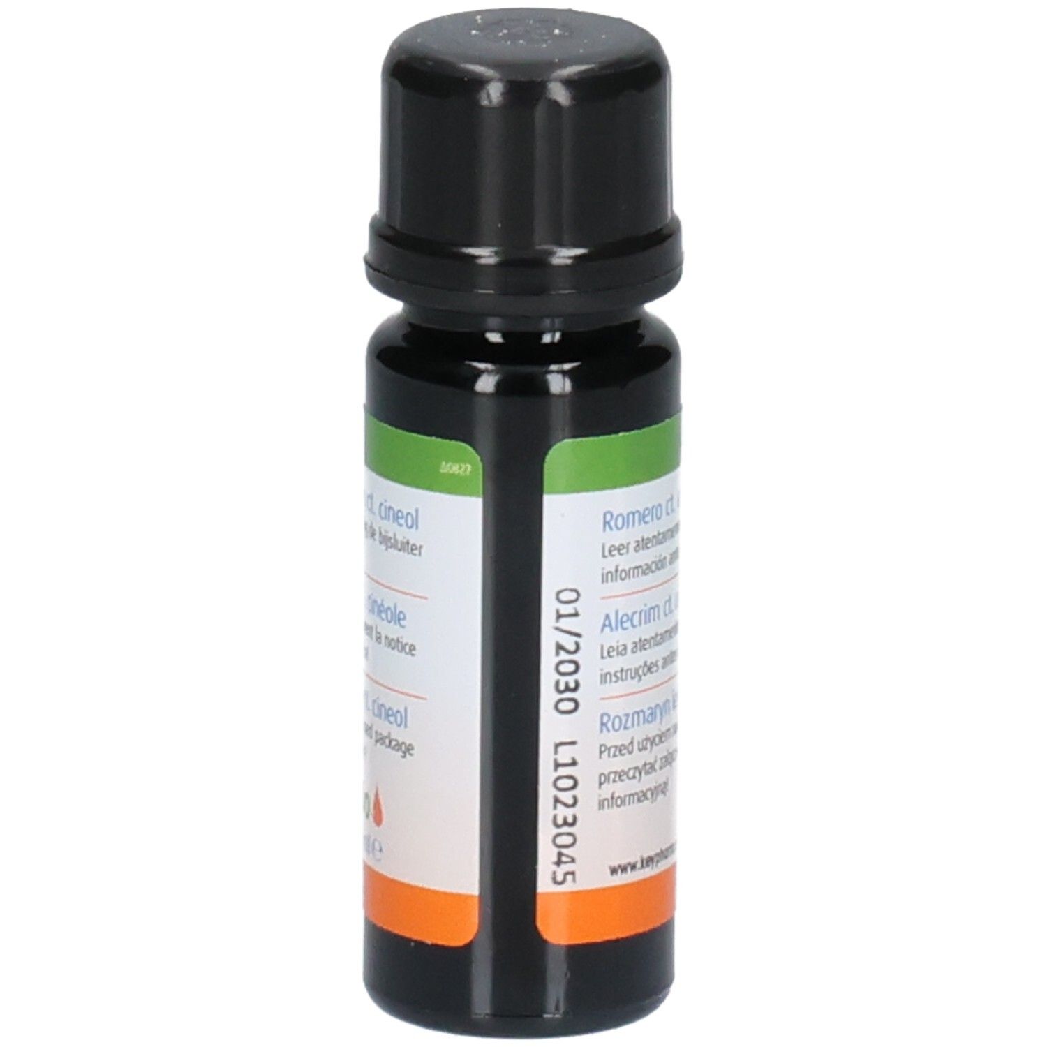 Braune Glasflasche mit schwarzem Deckel. Etikett mit Produktinformationen und Chargennummer.