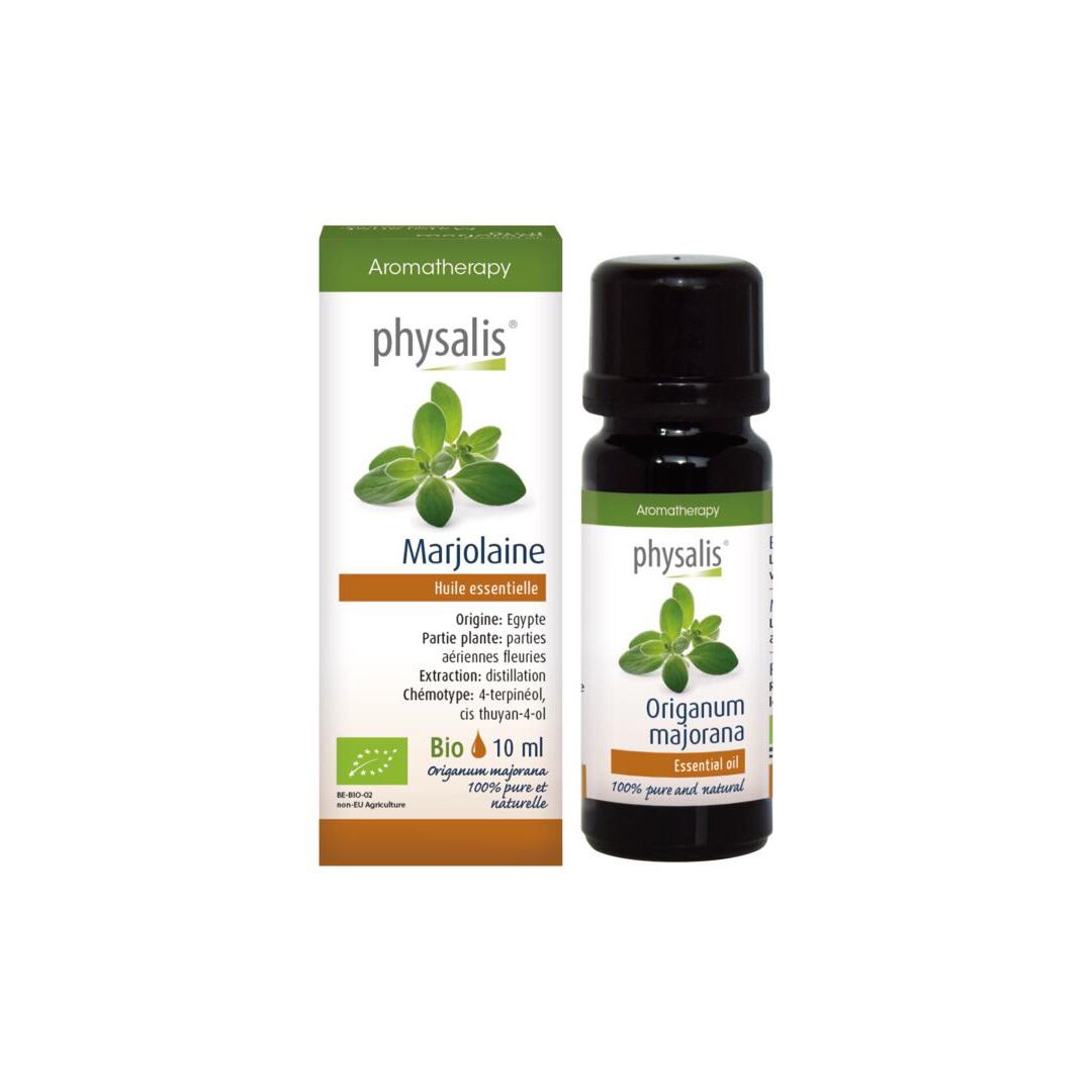 Flacon et emballage du produit. Emballage avec nom du produit, illustration et texte. Certification bio. 10 ml.