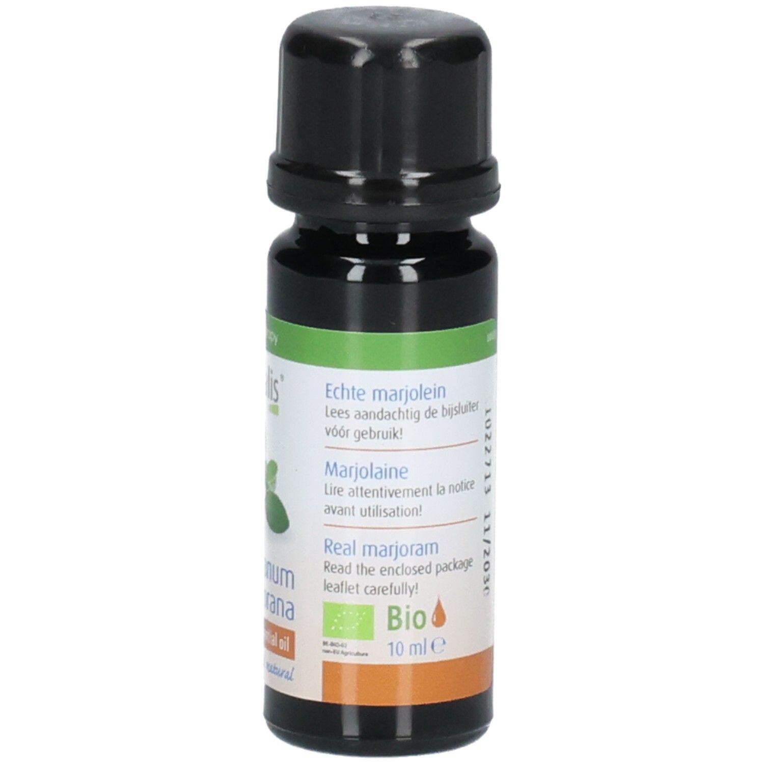 Braune Glasflasche mit schwarzem Deckel. Etikett mit Produktnamen, Pflanzenabbildung und Text. Bio-Zertifizierung. 10 ml.