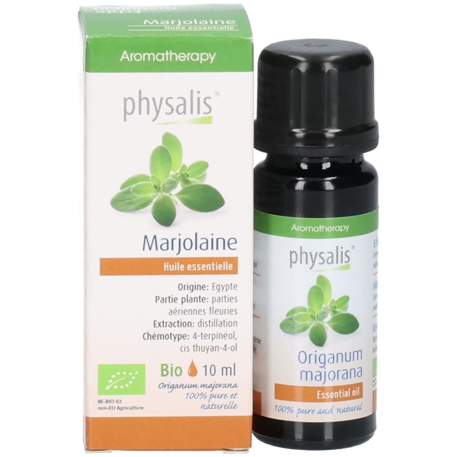 Produktflasche und Verpackung. Verpackung mit Produktnamen, Pflanzenabbildung und Text. Bio-Zertifizierung. 10 ml.