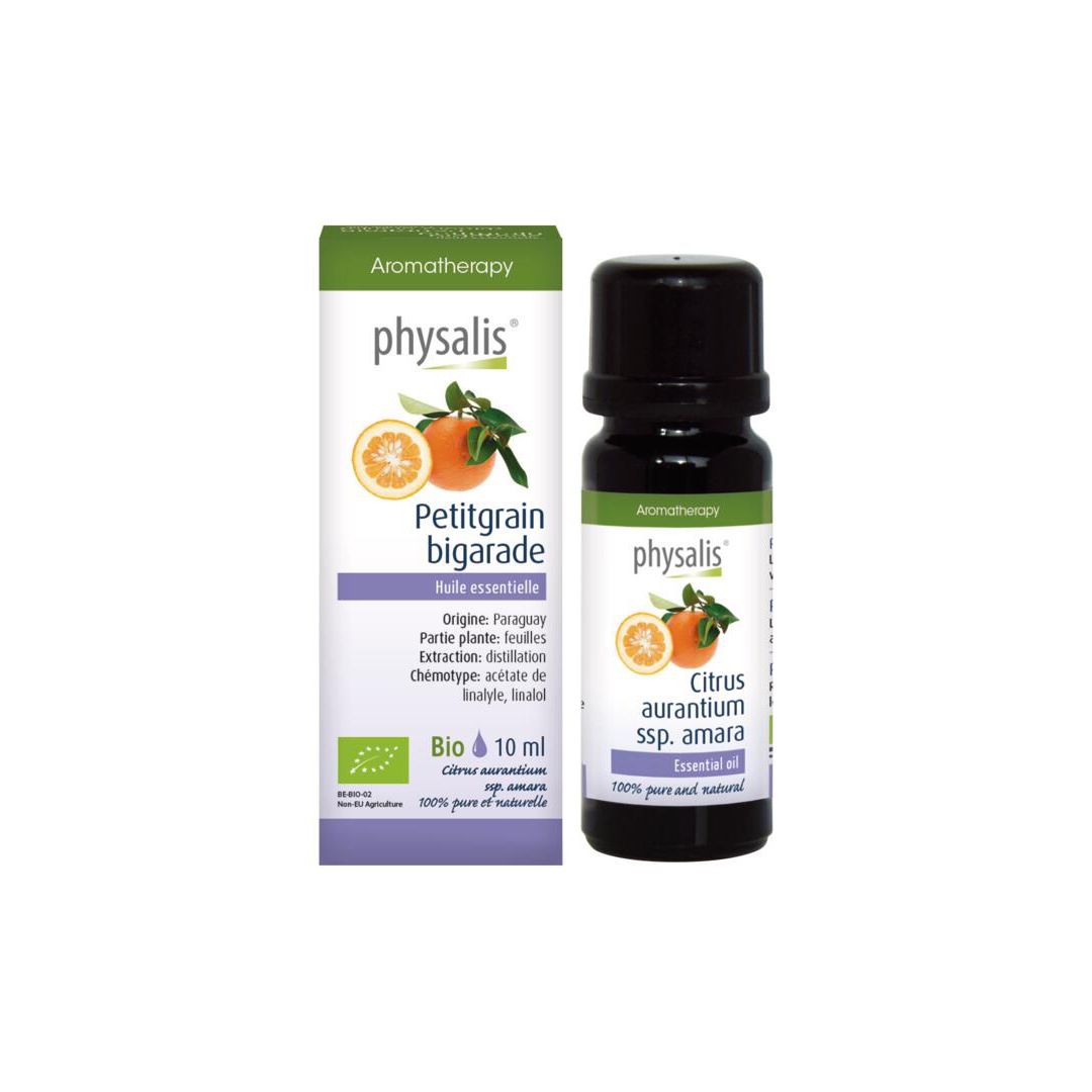 Flacon et emballage. Flacon avec bouchon noir, emballage avec texte : Petitgrain bigarade, 10 ml, Bio.