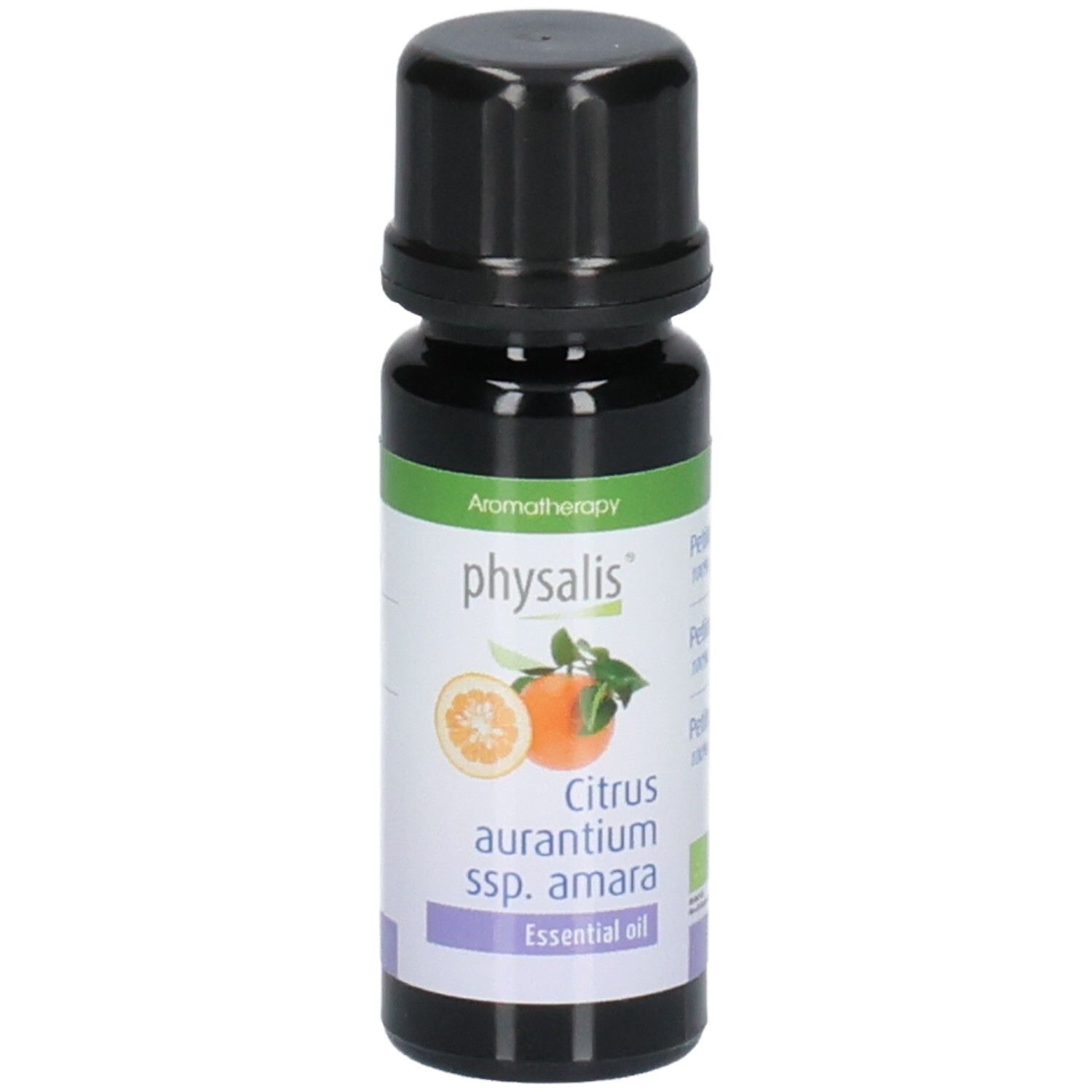 Braune Glasflasche mit schwarzem Deckel. Etikett mit Produktabbildung und Text: Citrus aurantium ssp. amara, Essential oil.