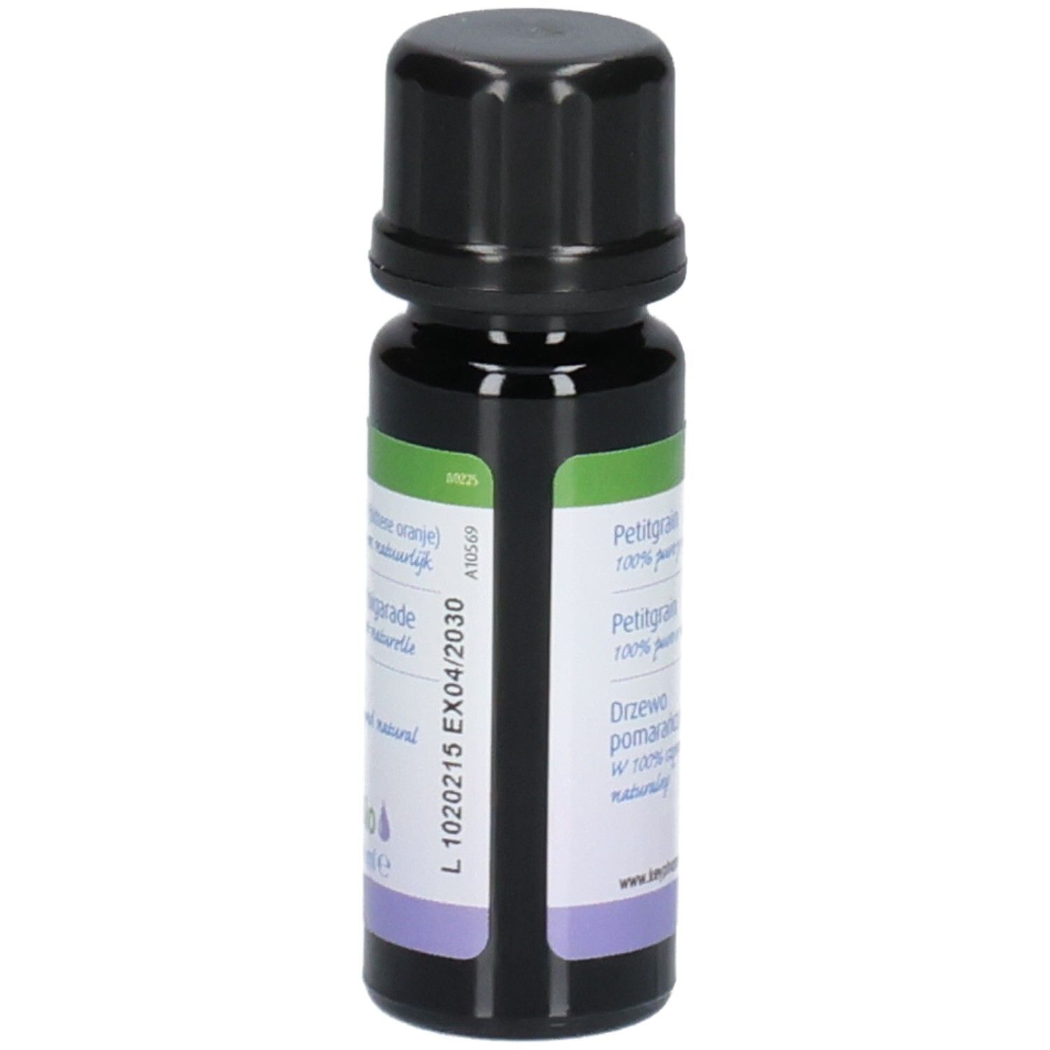 Braune Glasflasche mit schwarzem Deckel. Etikett mit Text: Petitgrain, 100% pure et naturel. Chargennummer.