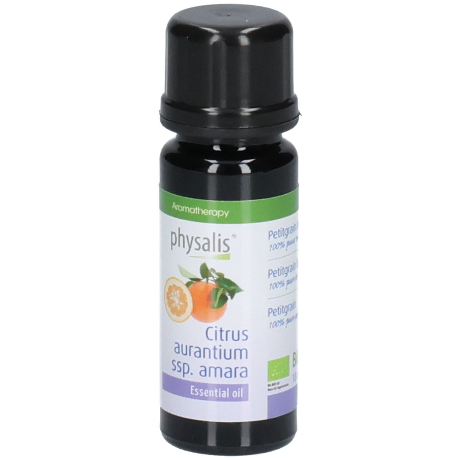 Braune Glasflasche mit schwarzem Deckel. Etikett mit Produktabbildung und Text: Citrus aurantium ssp. amara, Essential oil.