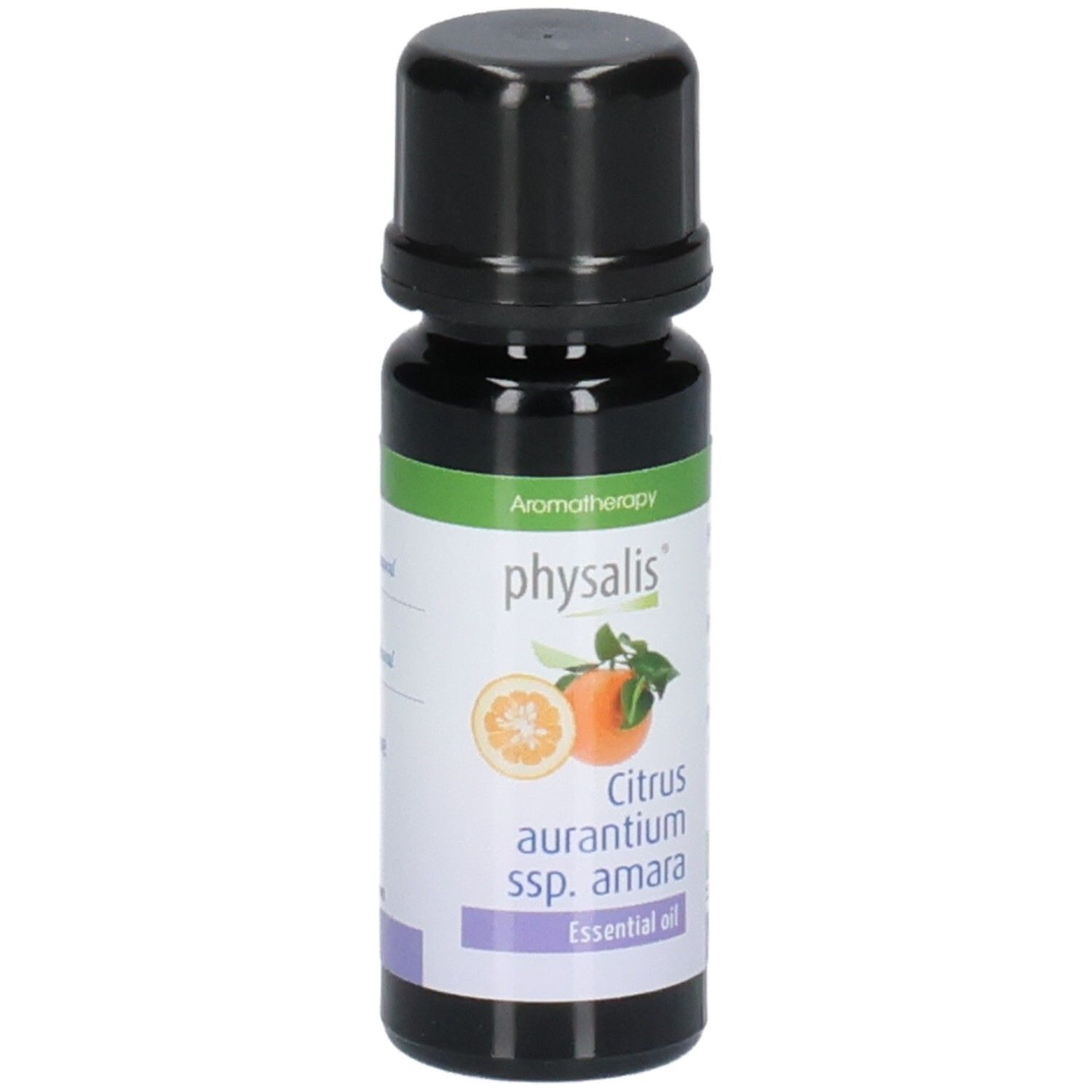 Braune Glasflasche mit schwarzem Deckel. Etikett mit Produktabbildung und Text: Citrus aurantium ssp. amara, Essential oil.