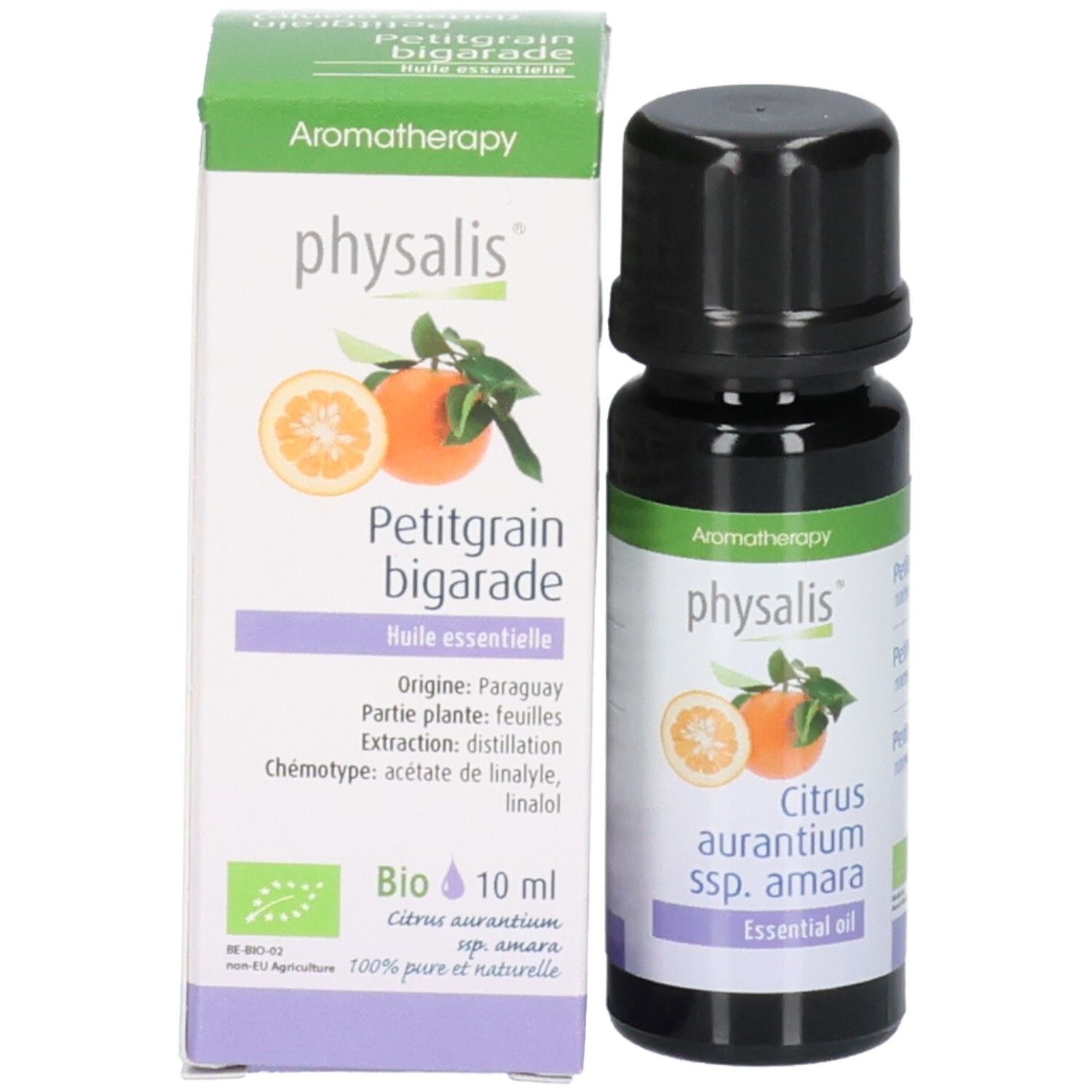 Produktflasche und Verpackung. Flasche mit schwarzem Deckel, Verpackung mit Text: Petitgrain bigarade, 10 ml, Bio.