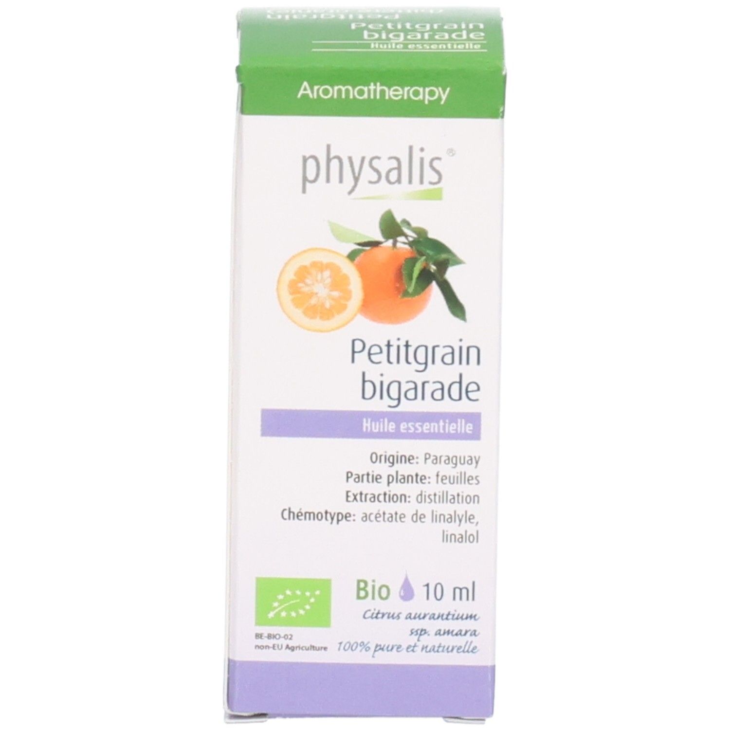 Produktflasche und Verpackung. Flasche mit schwarzem Deckel, Verpackung mit Text: Petitgrain bigarade, 10 ml, Bio.