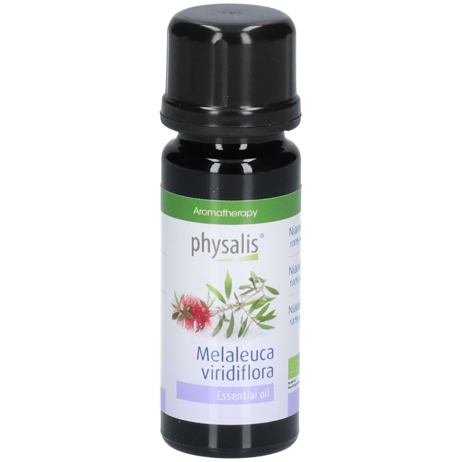 Braune Glasflasche mit schwarzem Deckel. Etikett mit Pflanzenabbildung und Text: Melaleuca viridiflora, Essential oil.