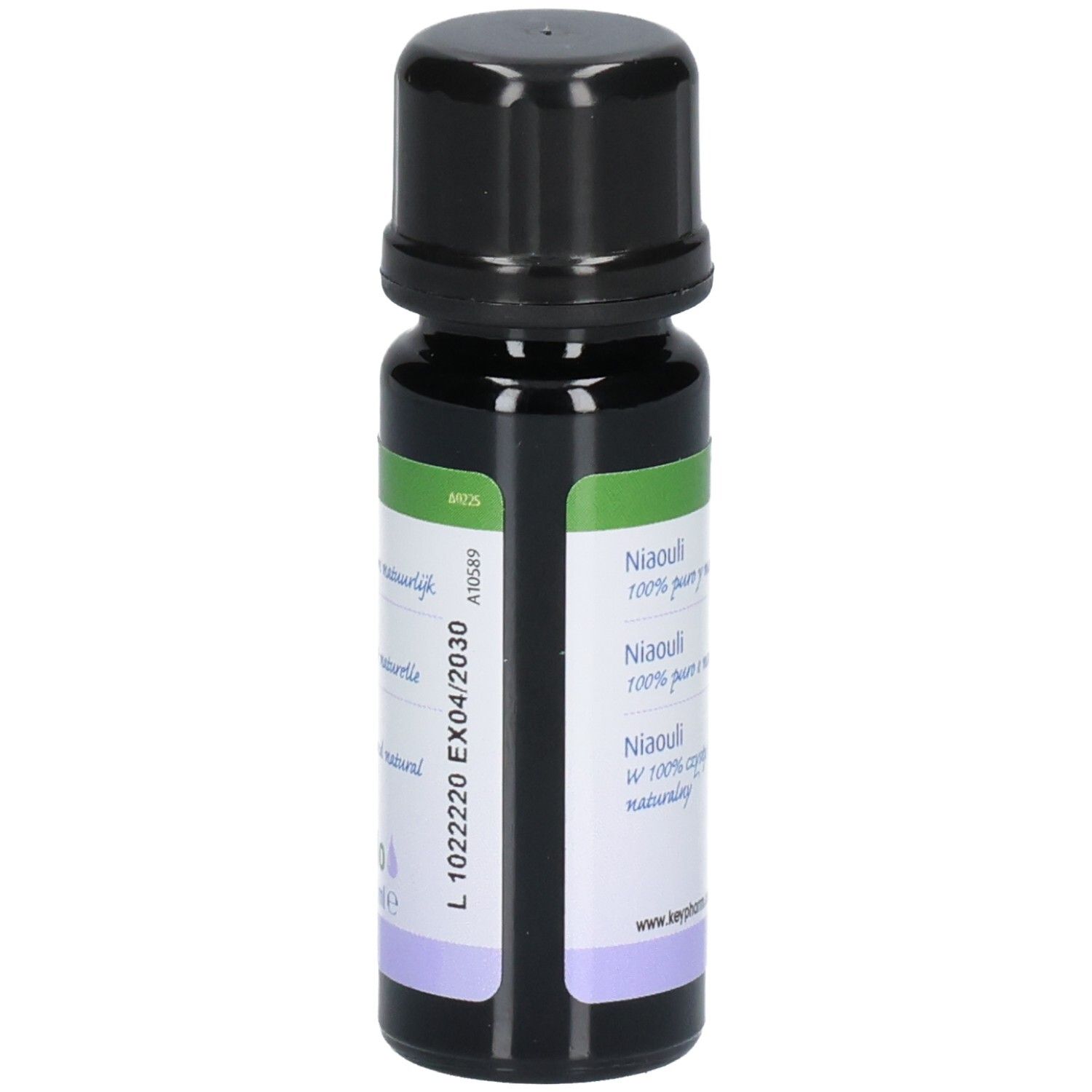 Braune Glasflasche mit schwarzem Deckel. Etikett mit Text: Niaouli, 100% pure y natural. Chargennummer und Ablaufdatum.