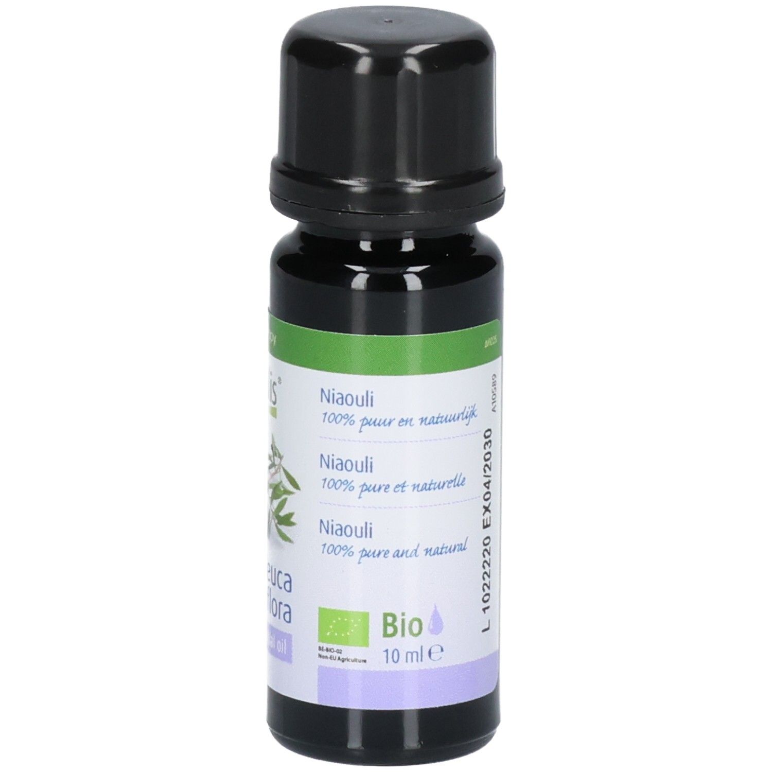 Braune Glasflasche mit schwarzem Deckel. Etikett mit Text: Niaouli, 100% pure en natuurlijk. Bio-Siegel und 10 ml.
