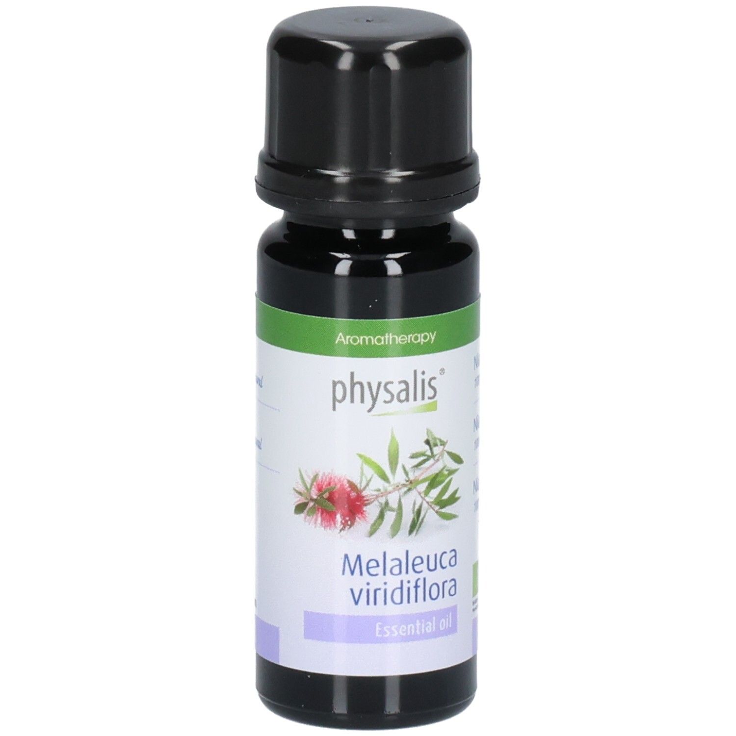 Braune Glasflasche mit schwarzem Deckel. Etikett mit Pflanzenabbildung und Text: Melaleuca viridiflora, Essential oil. Bio-Siegel.