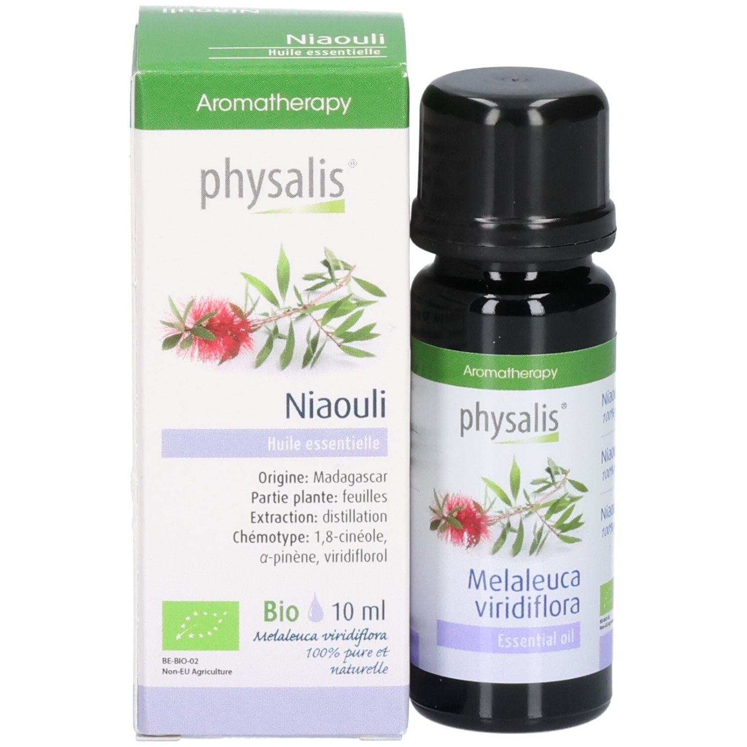 Braune Glasflasche und Karton. Auf dem Karton: Niaouli Huile essentielle, Bio-Siegel, 10 ml. Pflanzenabbildung.