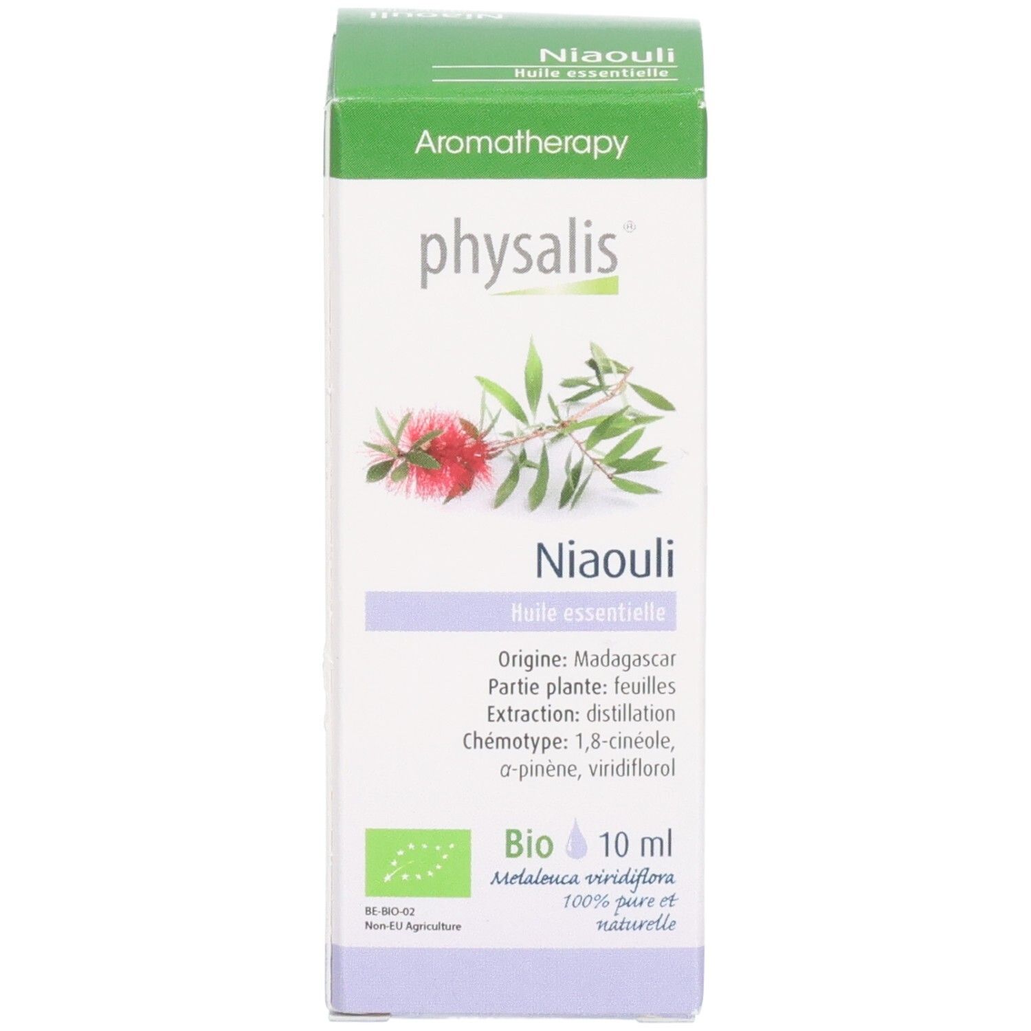 Karton mit Text: Niaouli Huile essentielle, Bio-Siegel, 10 ml. Pflanzenabbildung. Informationen über Herkunft und Inhaltsstoffe.