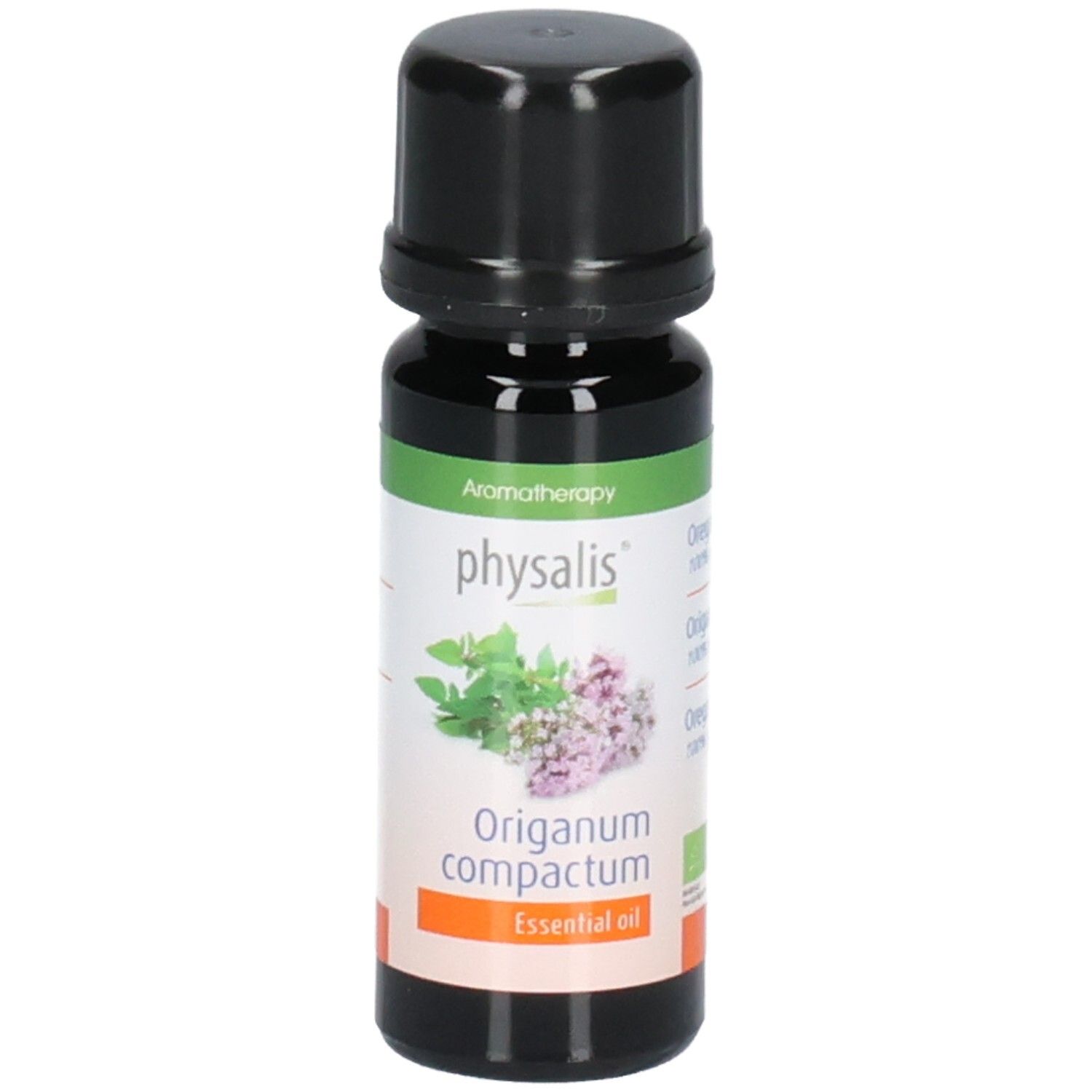Braune Glasflasche mit schwarzem Deckel. Etikett mit Produktnamen, Pflanzenabbildung und Bio-Siegel. Text: Essential oil.