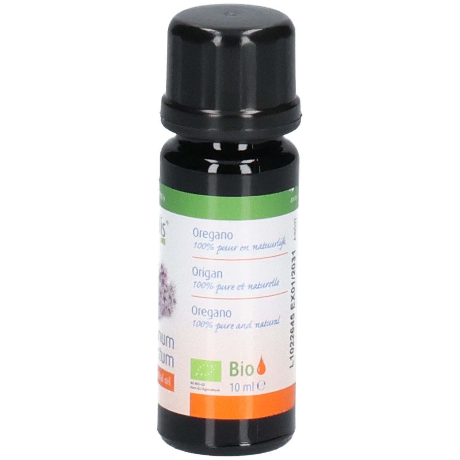 Braune Glasflasche mit schwarzem Deckel. Etikett mit Produktnamen, Bio-Siegel und Volumenangabe. Text: 10 ml.