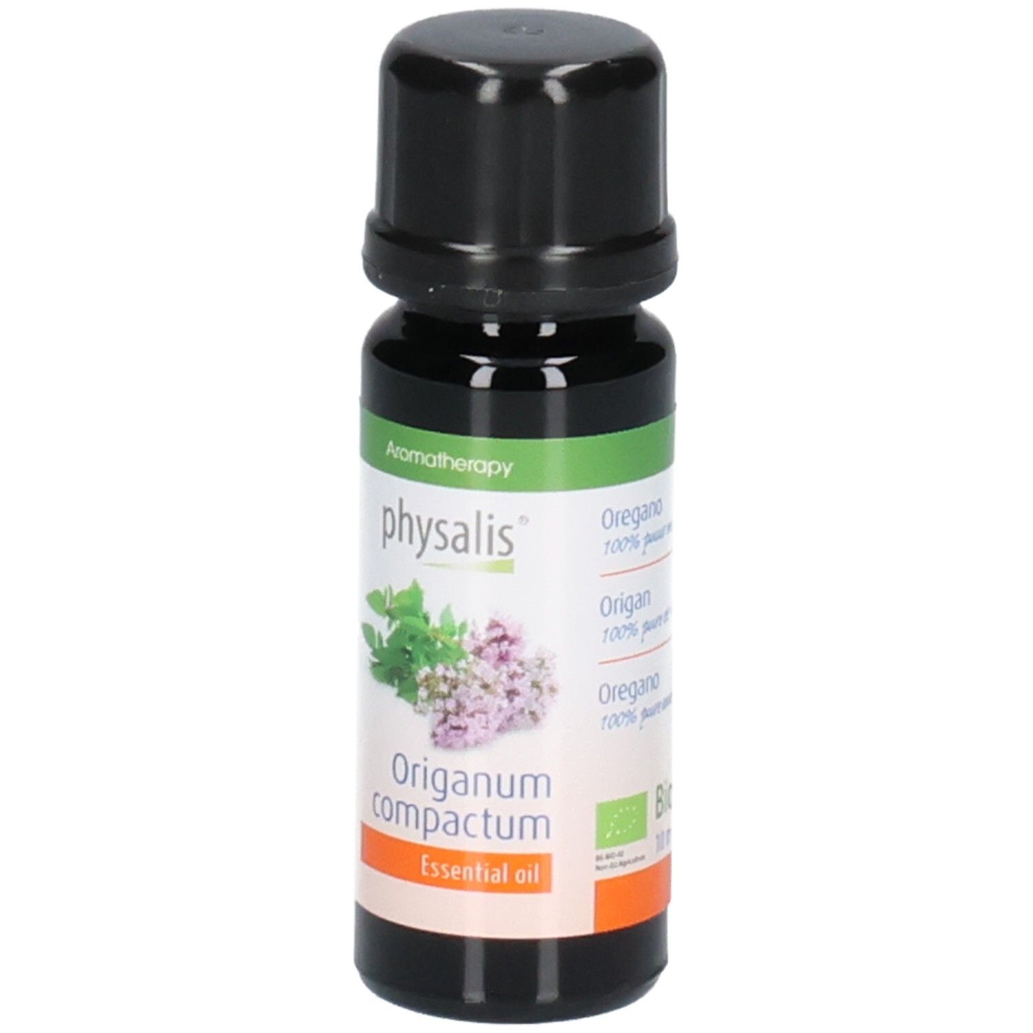 Braune Glasflasche mit schwarzem Deckel. Etikett mit Produktnamen, Pflanzenabbildung und Bio-Siegel. Text: Essential oil.