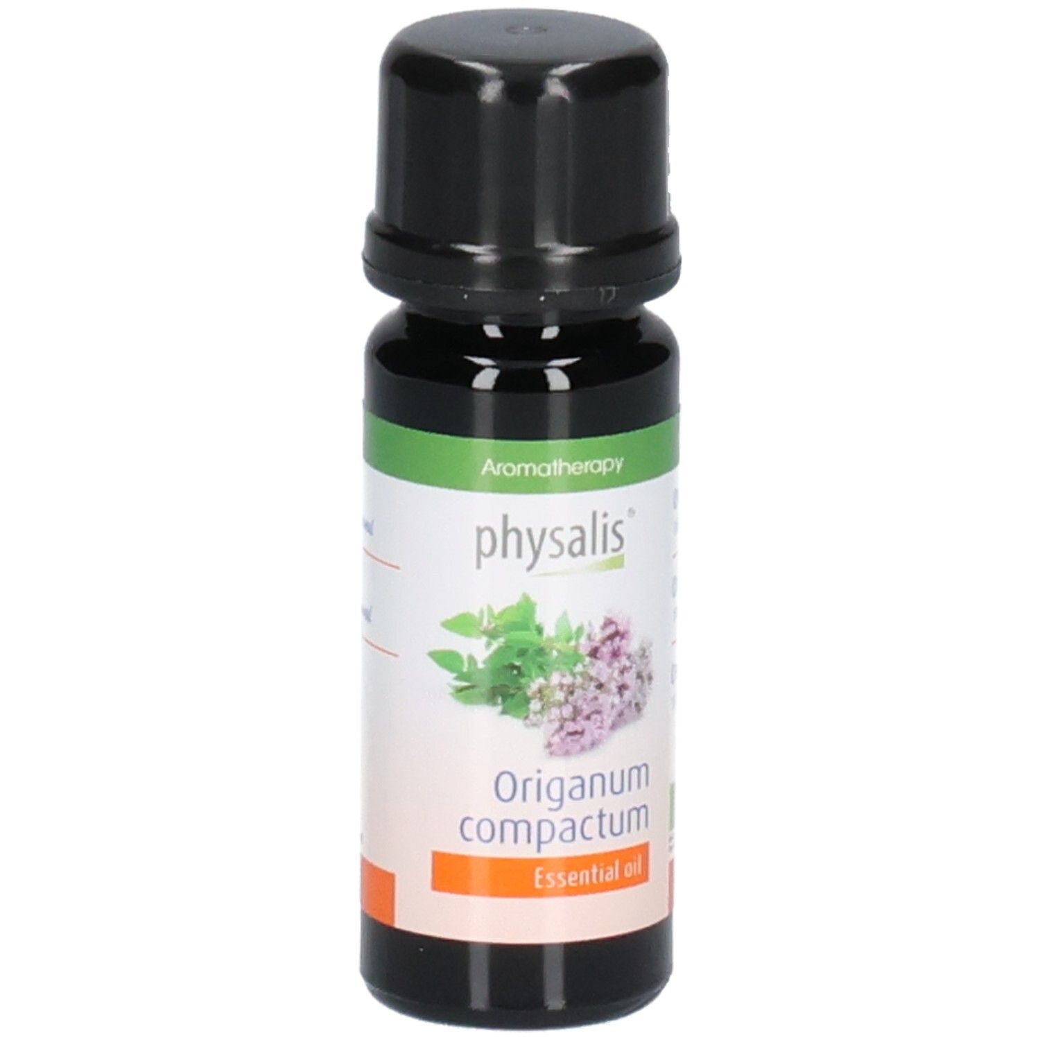 Braune Glasflasche mit schwarzem Deckel. Etikett mit Produktnamen, Pflanzenabbildung und Bio-Siegel. Text: Essential oil.