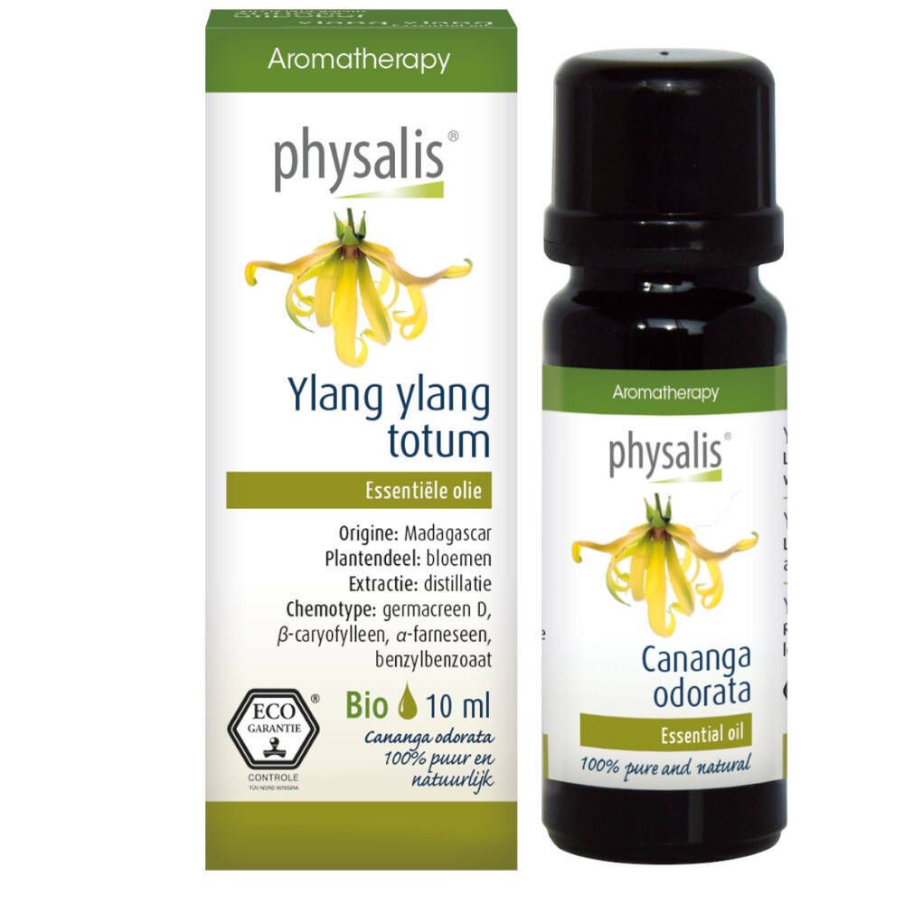 Fläschchen mit schwarzem Deckel und Etikett. Auf dem Etikett steht "Physalis", "Ylang ylang totum", "Essentiele olie" und "Bio".