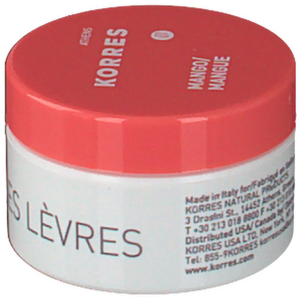 Pot blanc avec couvercle rouge. Inscription: KORRES, Mango. Texte: Fabriqué en Italie. Coordonnées.