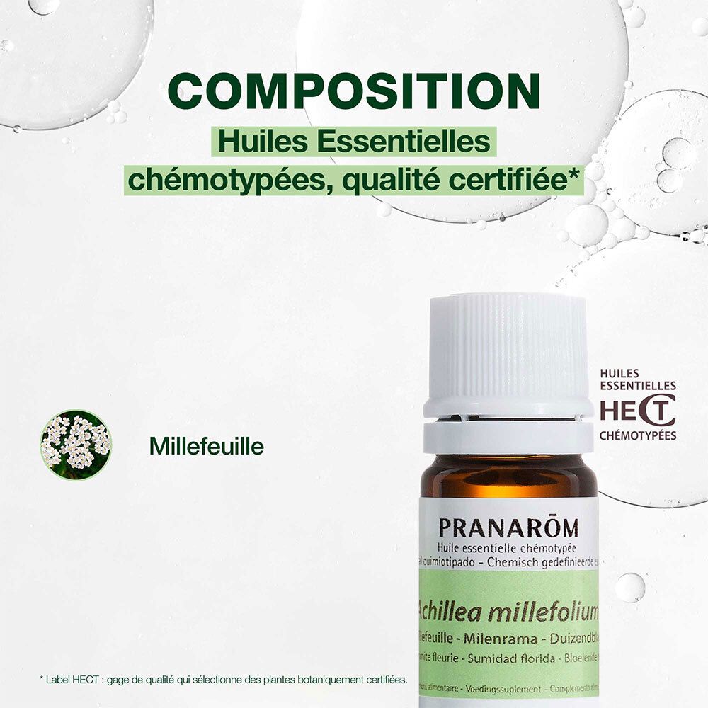 Flacon en verre brun avec bouchon blanc. Inscription : PRANAROM, 5ml, Exp: 08/2026.