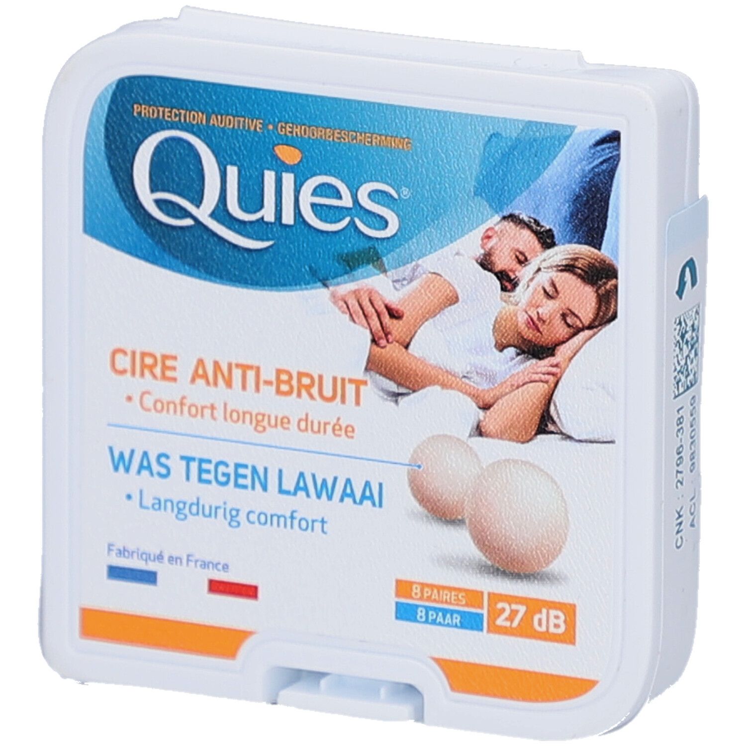 Ohrstöpsel-Packung. Marke: Quies. Enthält 8 Paar. Aufdruck: Cire Anti-bruit, Was tegen lawaai. 27 dB.
