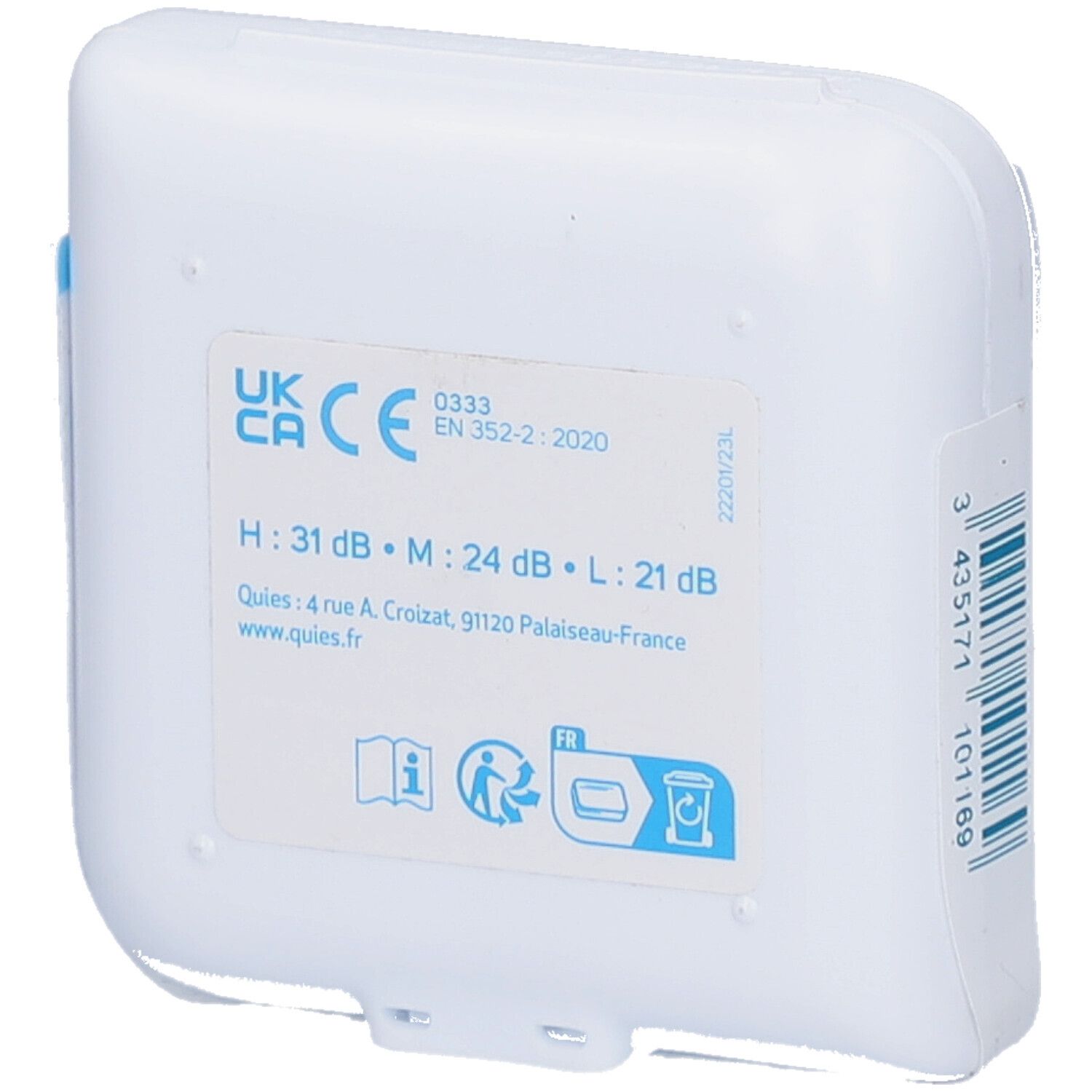 Rückseite der Ohrstöpsel-Packung. UKCA-Kennzeichnung. CE-Kennzeichnung. EN 352-2:2020. Lärmdämmung: H:31 dB, M:24 dB, L:21 dB.