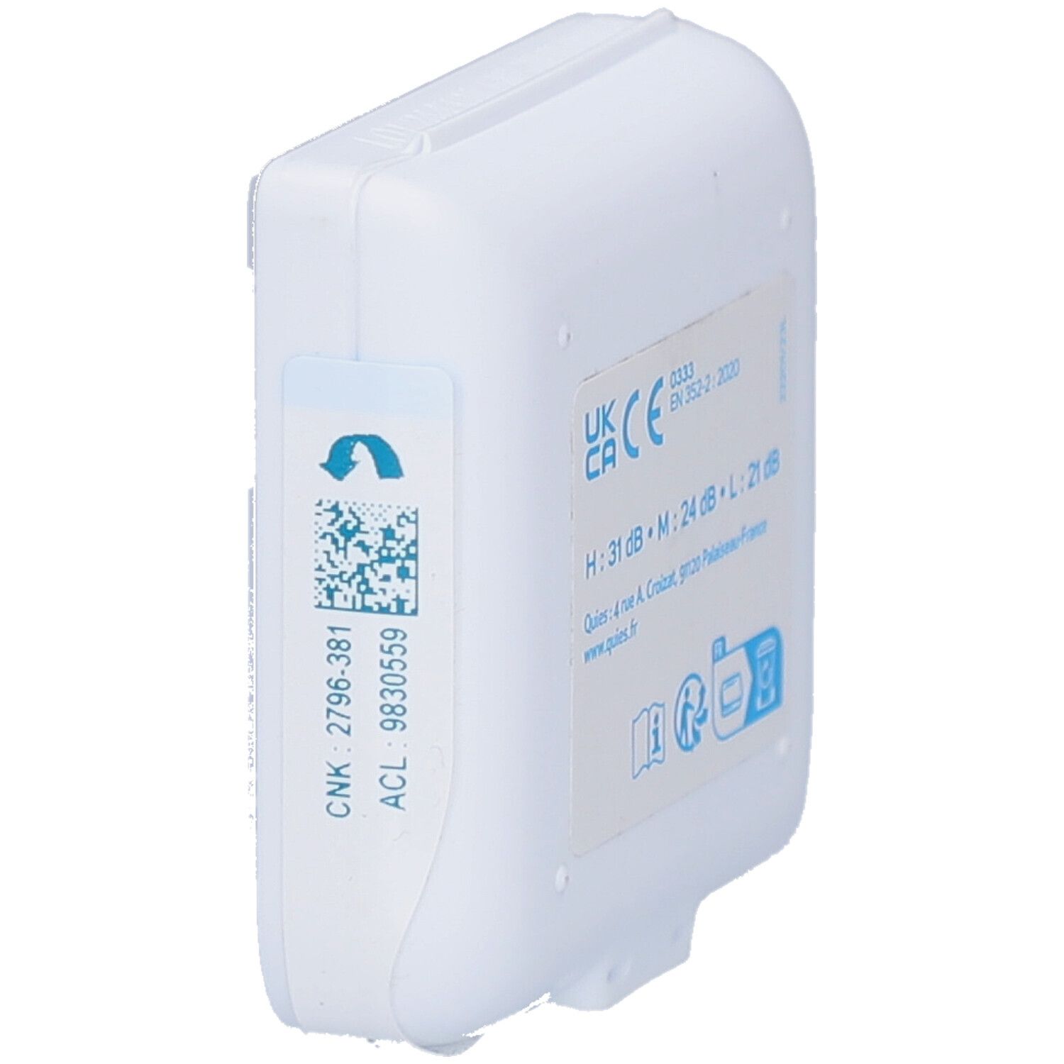 Seitenansicht der Ohrstöpsel-Packung. UKCA- und CE-Kennzeichnung. Lärmdämmung: H:31 dB, M:24 dB, L:21 dB.