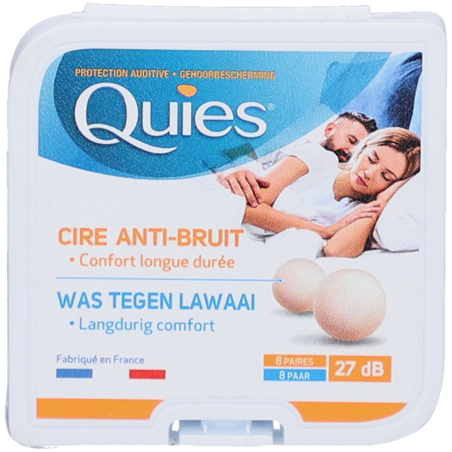 Ohrstöpsel-Packung. Marke: Quies. Enthält 8 Paar. Aufdruck: Cire Anti-bruit, Was tegen lawaai. 27 dB.