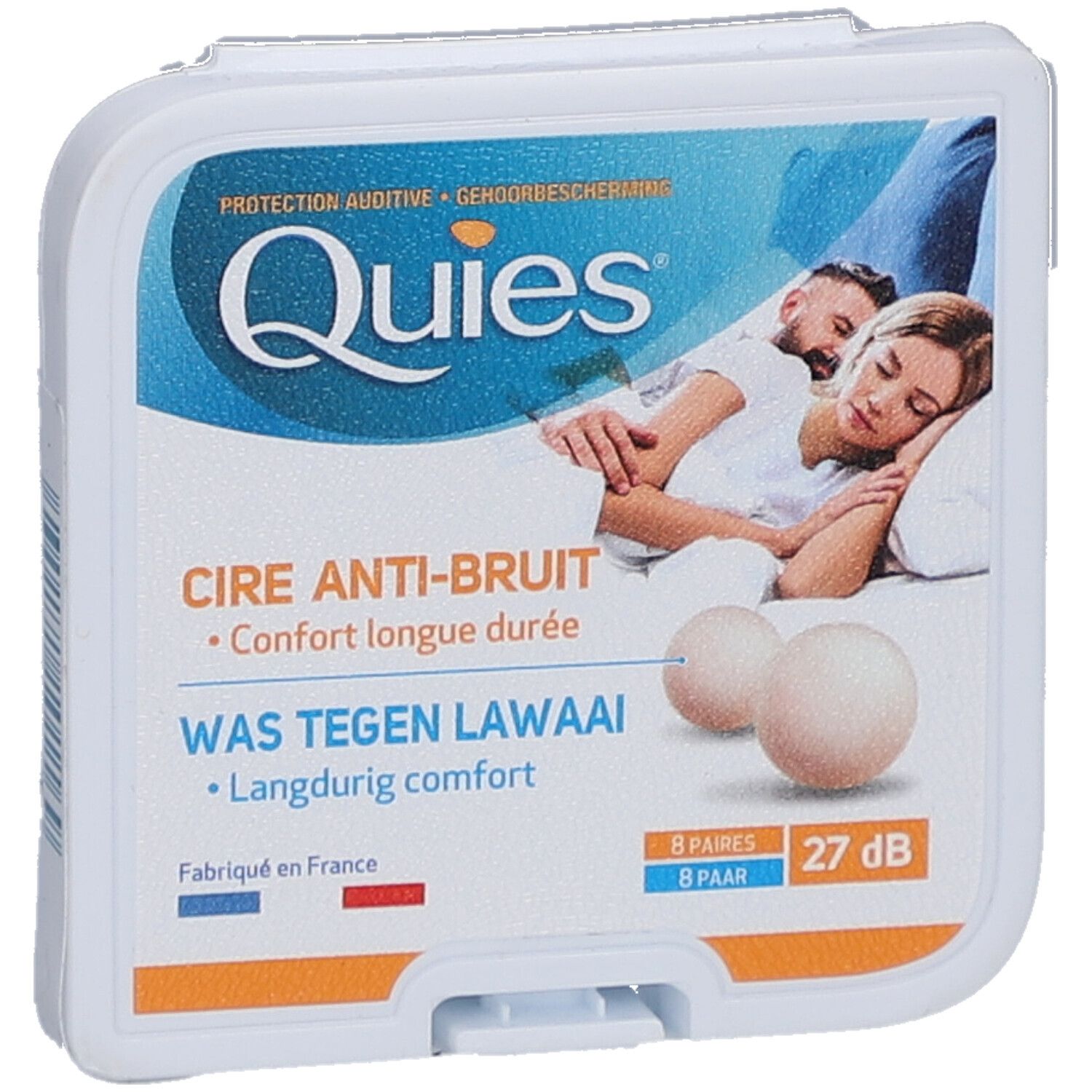 Ohrstöpsel-Packung. Marke: Quies. Enthält 8 Paar. Aufdruck: Cire Anti-bruit, Was tegen lawaai. 27 dB.