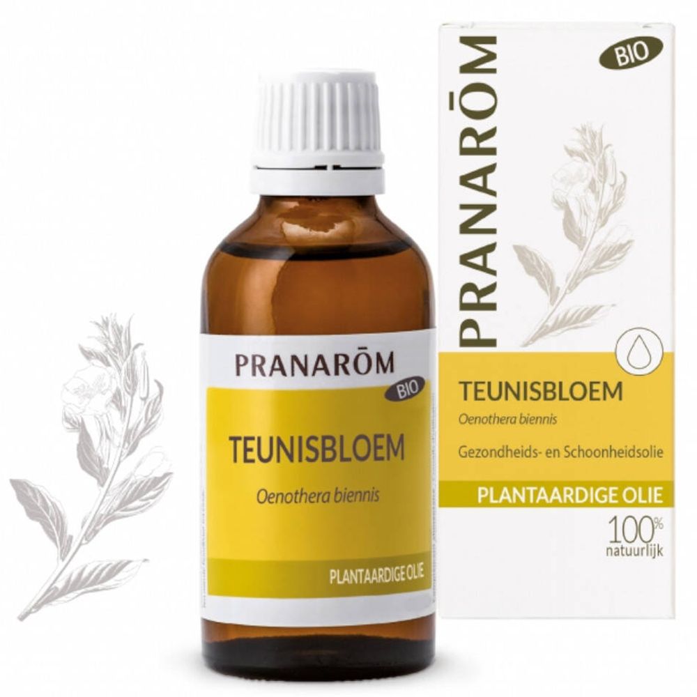 Flacon en verre brun avec bouchon blanc et étiquette jaune. À côté, une boîte avec le logo et le nom.