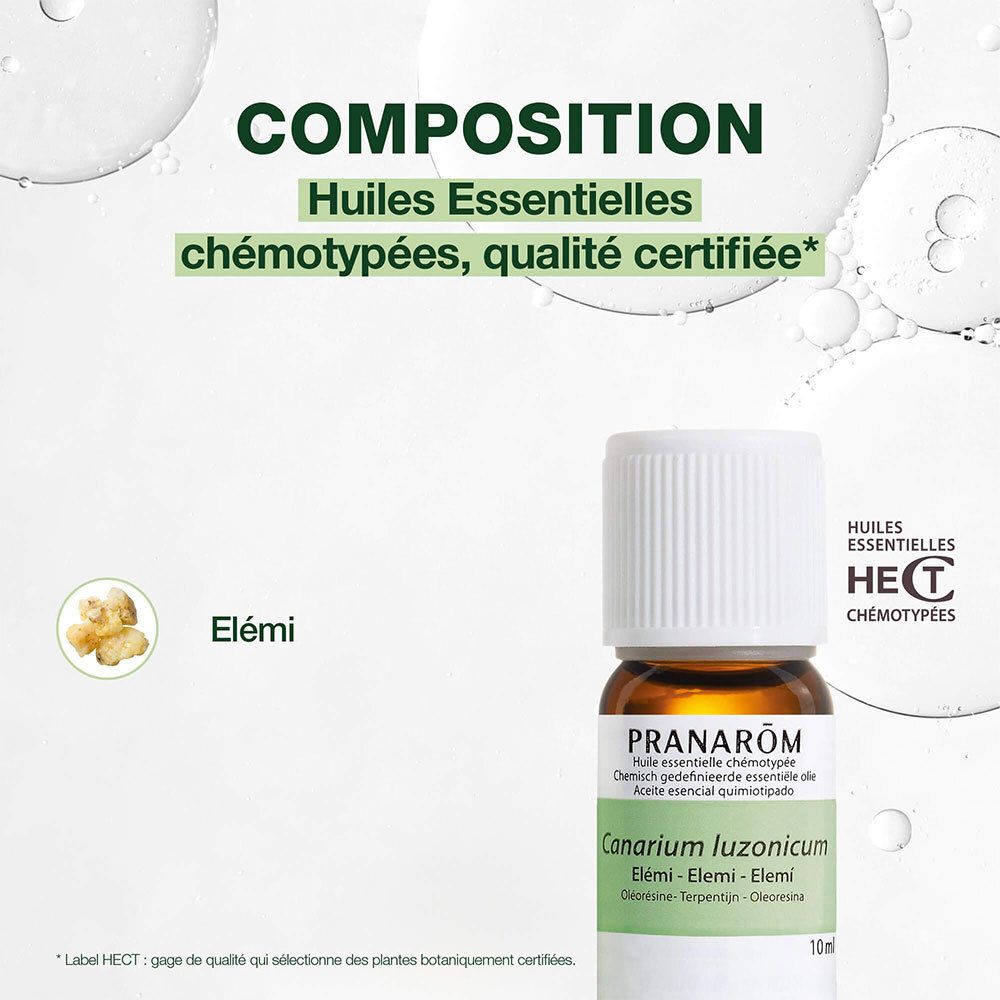 Flacon en verre brun avec bouchon blanc et étiquette. Inscription : Canarium luzonicum. Nom du produit : Elémi.