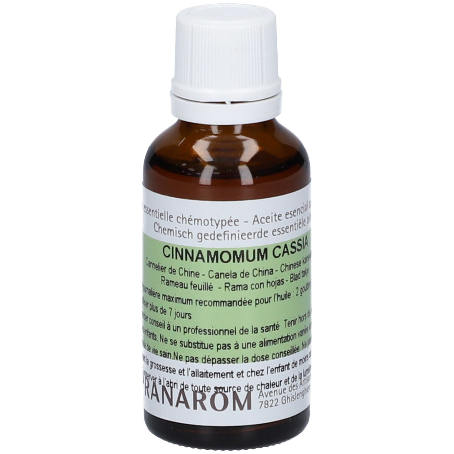 Flacon en verre brun avec bouchon blanc. Étiquette avec informations produit et logo PRANAROM. Contient de l'huile essentielle.