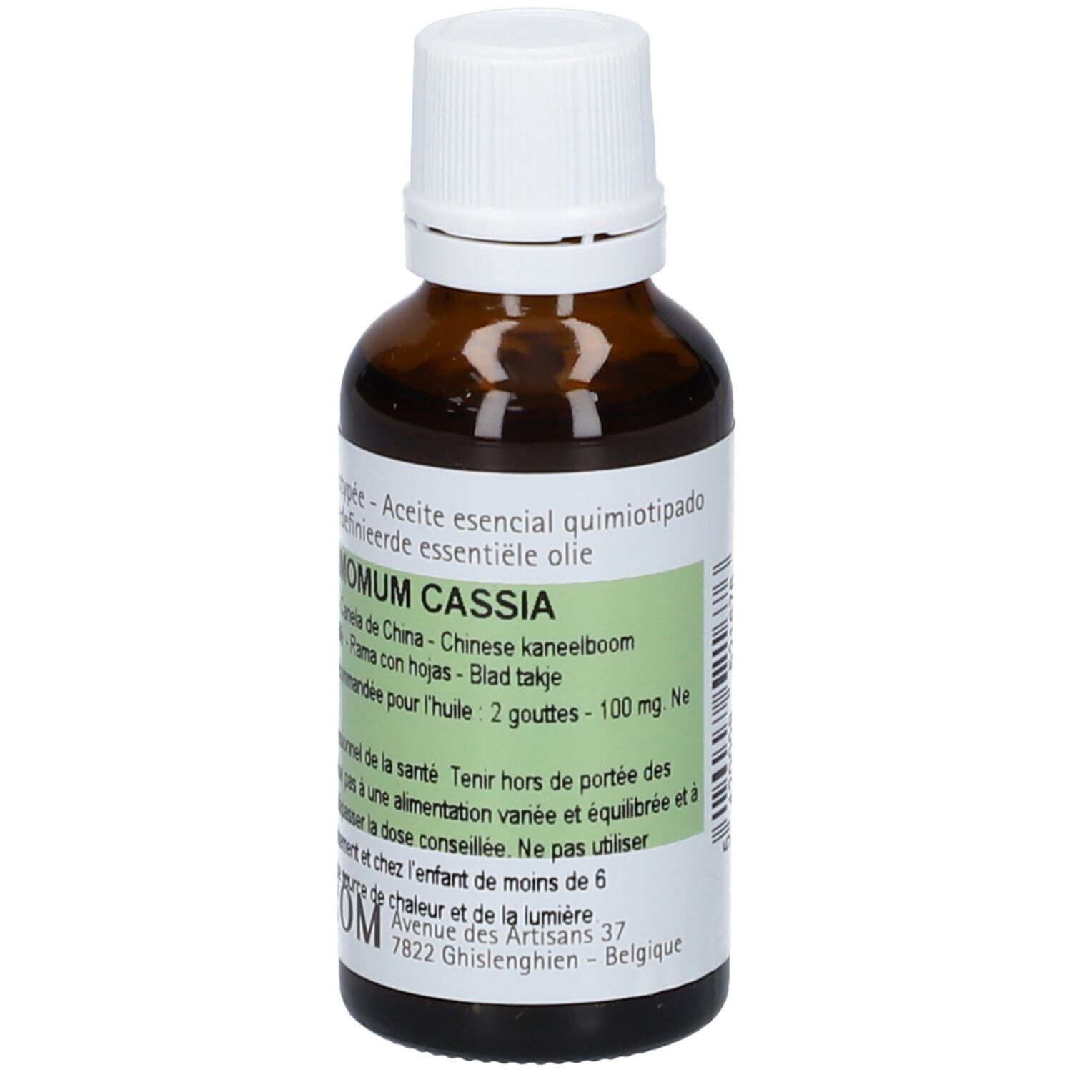 Flacon en verre brun avec bouchon blanc. Étiquette avec informations produit et logo PRANAROM. Contient de l'huile essentielle.