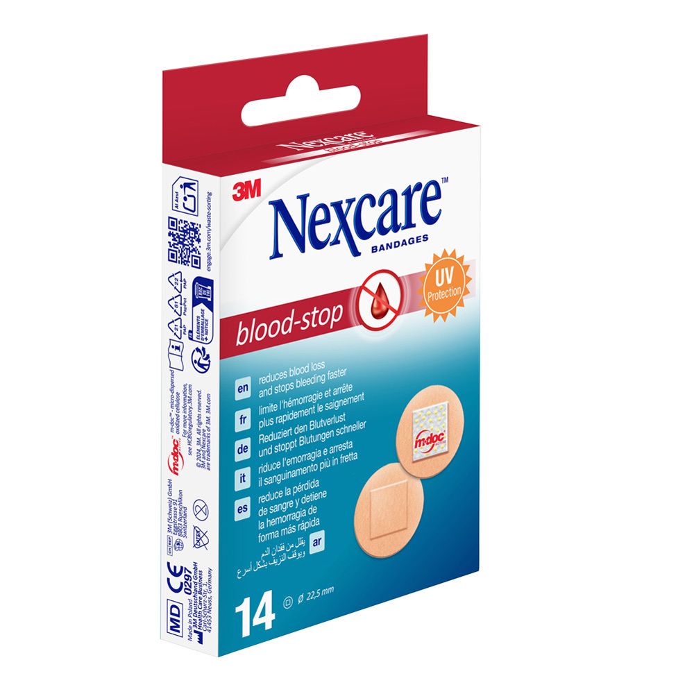 Boîte de pansements hémostatiques Nexcare. Contient 14 pansements. Texte: blood-stop, 3M, Nexcare, 14 x 22,5mm, UV Protection.